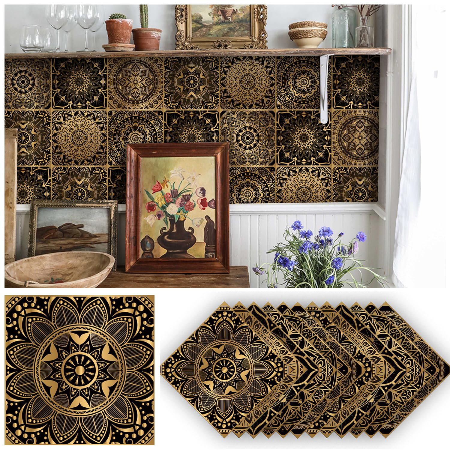 Alwayspon 24PcsX15cm/6inch Mandala Vinyl Wall Tile Sticker Transfer, Waterproof Sticky Back Tile Sticker for Kitchen Bathroom Self-adhesive Peel and Stick PVC Stick on Tile, Black Gold T64