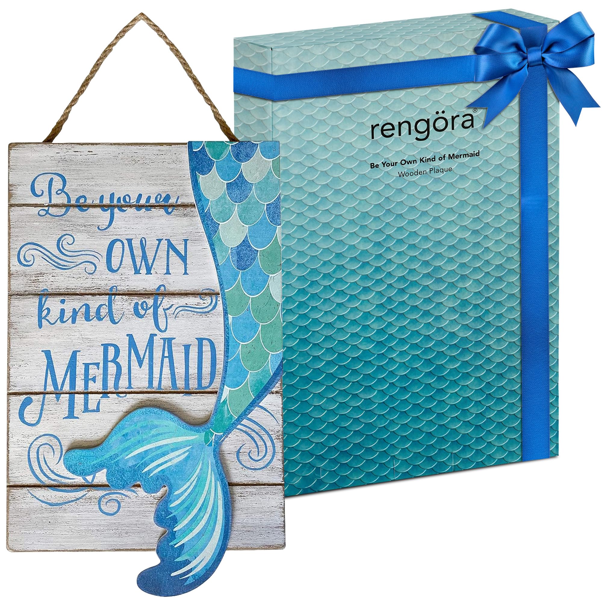 Mermaid Bathroom Decor - Wall Art - Beach Decor - Nautical Decorations for Home - 11" x 5.5" - Ready to Hang with Jute Rope