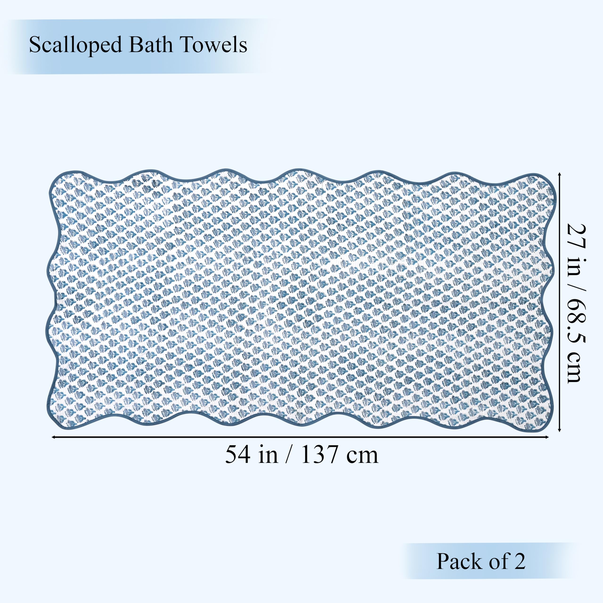 CPC COTTON PRINT CLUB Apatite - Juego de 2 toallas de baño de algodón con estampado de bloques azules de 68 x 137 cm, juego de 2 toallas bohemias, suaves, de secado rápido, ligeras y absorbentes para