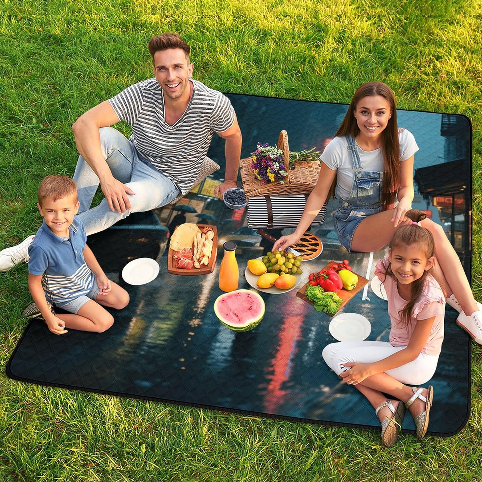 Tappetino da spiaggia con stampa di strade della città sotto la pioggia pesante, portatile, extra large, adatto per viaggi, escursioni, festival musicali, prati, spiagge, picnic all'aperto