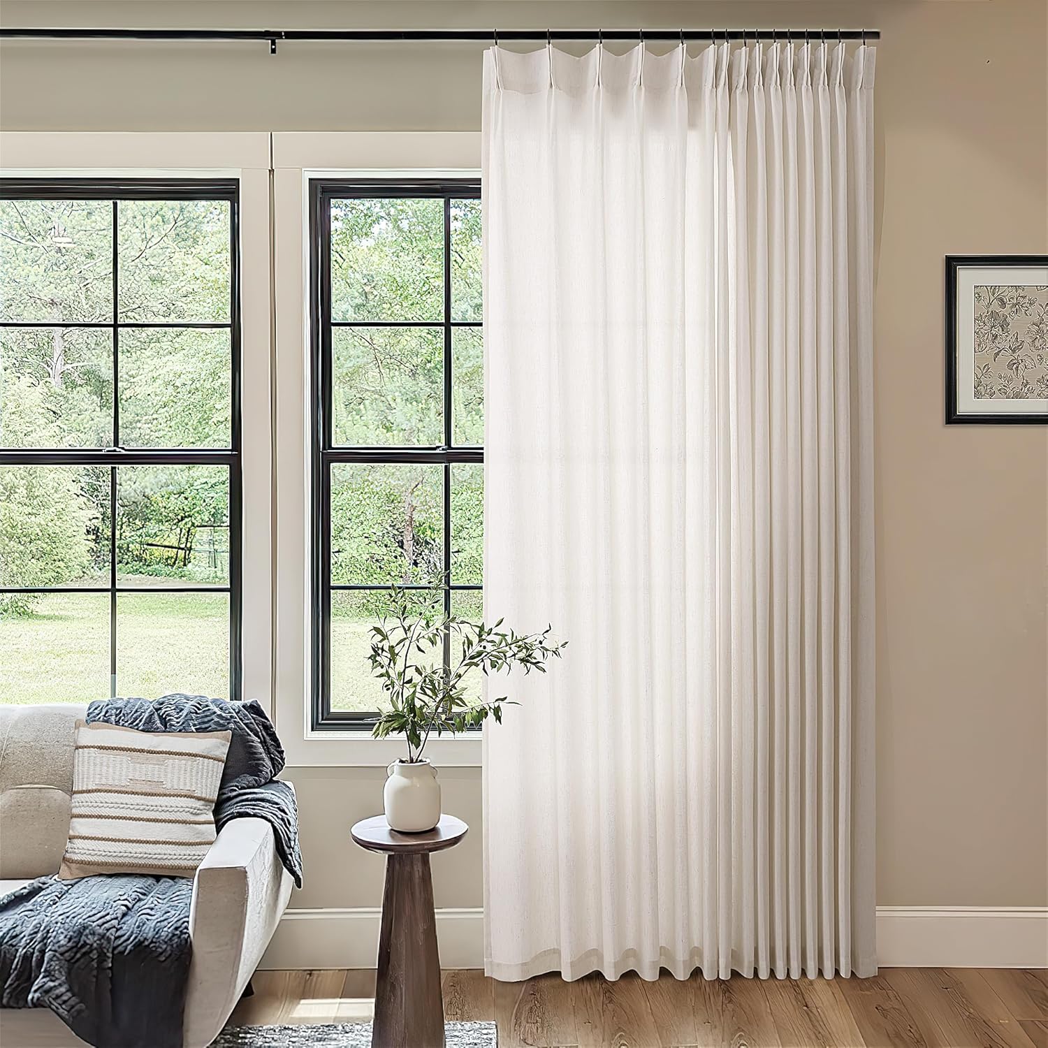 Pinch Pleated Extra Wide Linen Curtains 84 Inches Long for Patio Sliding Glass Door Cream Ivory 72 Inch Wide Pleated Drapes with Hooks Rings Neutral Natural Semi Sheer 72x84 Curtain for Living Room