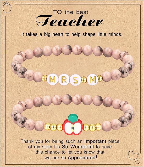 Teacher Appreciation Gifts for Women,Teacher Must Haves Initial Bracelet Mrs Miss End of Year Teacher Gifts Thank You for Helping Me Grow Music Math Science Teachers Bracelets Retirement 2 Set Jewelry