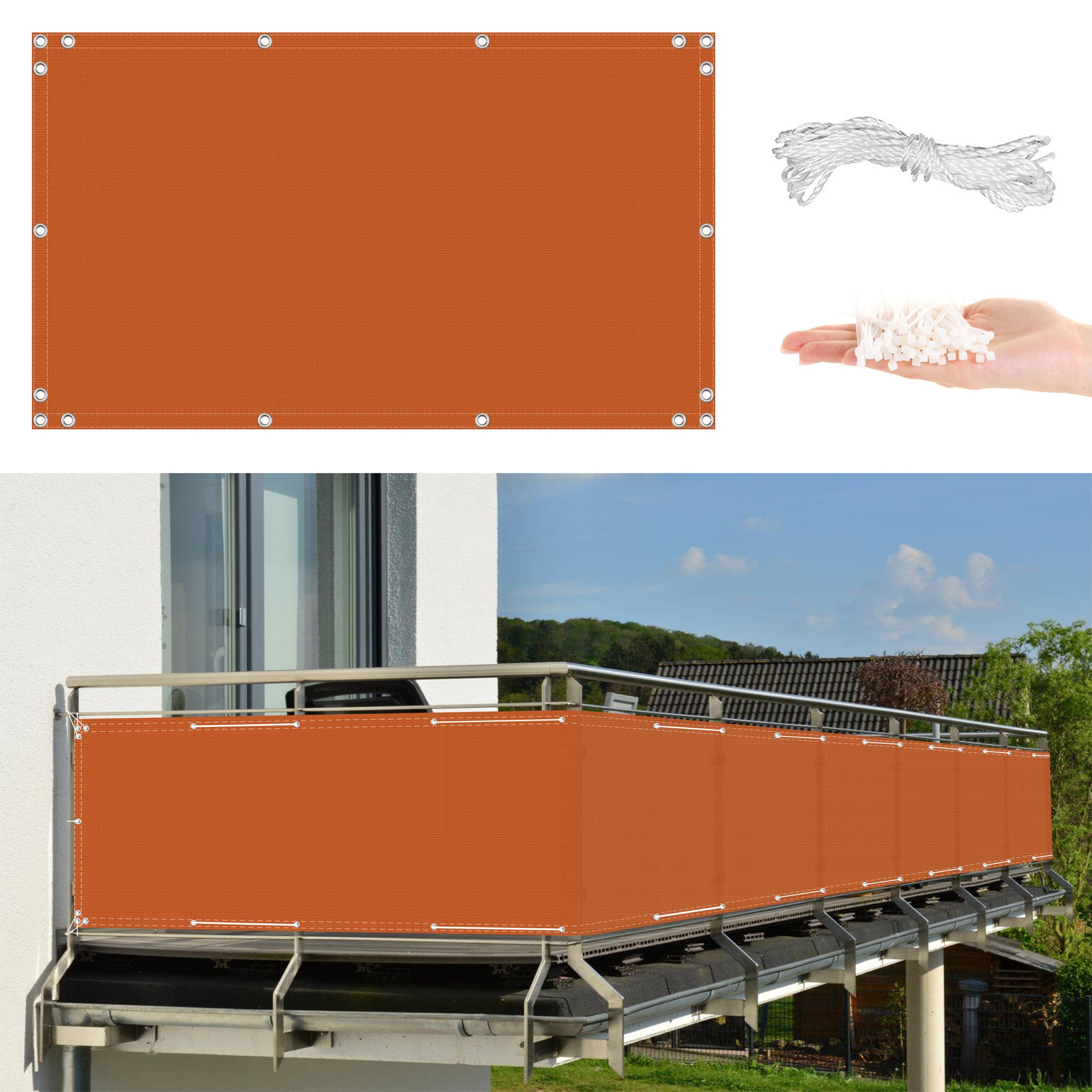 GLDYTVF Balcony 85x450cm Weather Resistant Fabric for Wall Garden and Verandah Windbreak Netting with Cable Edge Easy Care Orange Screen with Buttonhole for Railing Privacy.