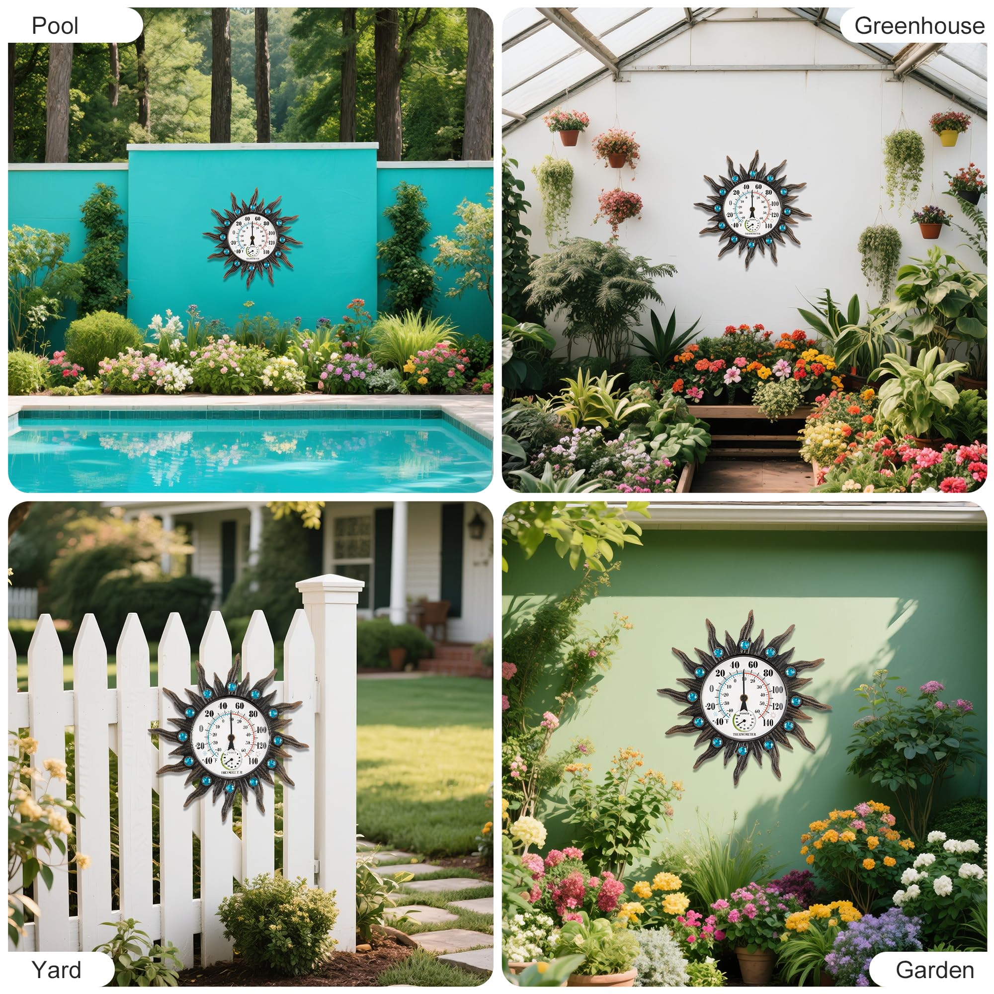 Termómetro higrómetro para interiores y exteriores, impermeable de 13 pulgadas, gran pared solar, termómetros decorativos para patio, jardín, invernadero, fácil de leer, no requiere pilas