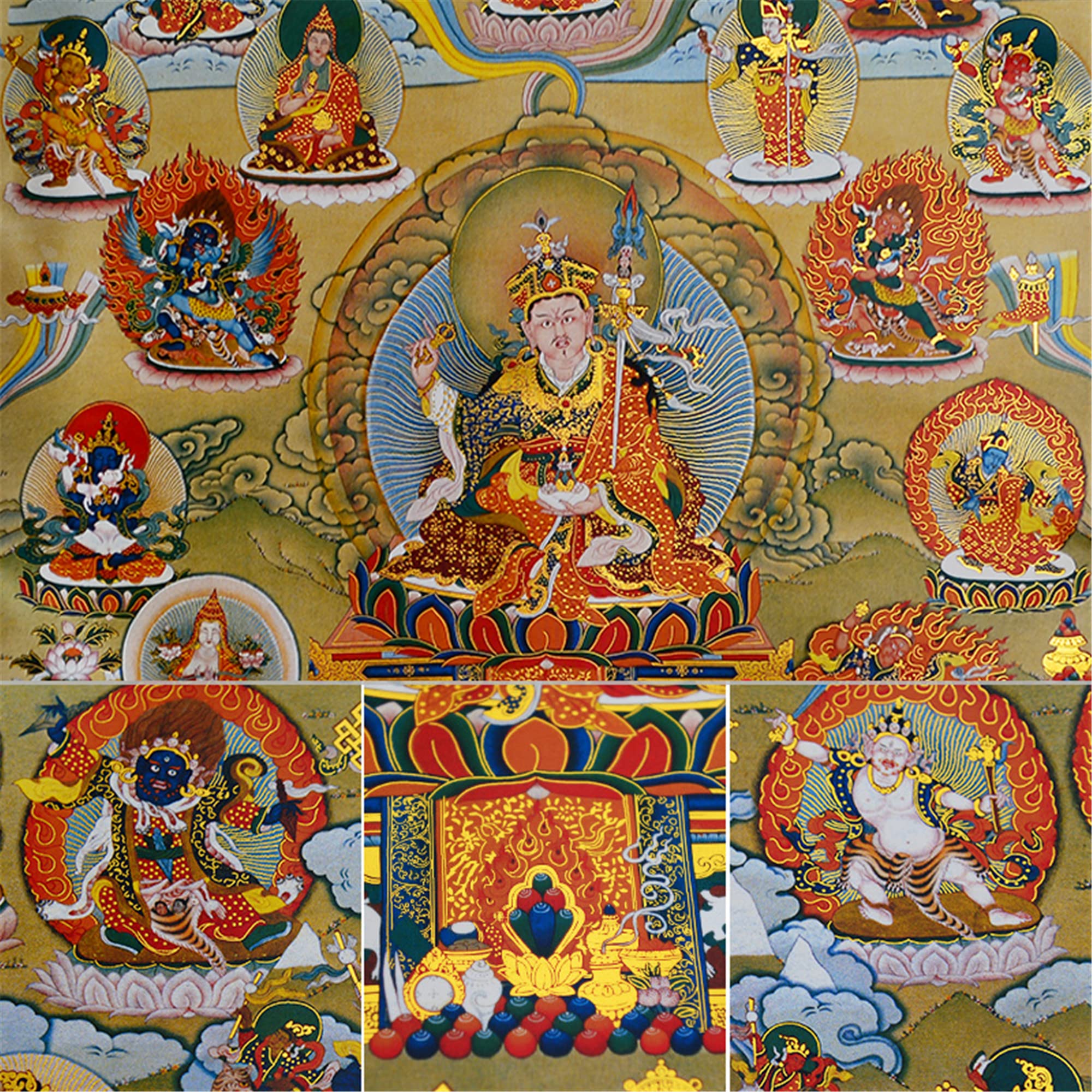 Gandhanra Thangka Tibetische Wandbehang,Guru Rinpoche und Nyingma schulten Dharmapalas Thangka,Heißgeprägter Buddha Wandteppich für Zen Wohnkultur, Meditation, Spirituelle Entspannung und Ruhe