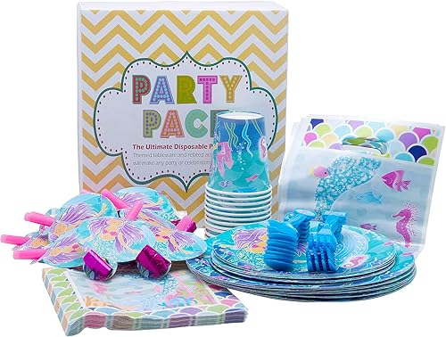 Miniatura 9 de Paquete de fiesta temática de sirena, platos de papel desechables, vasos, servilletas, tenedores, cucharas, bolsas de regalo y sopladores de fiesta,