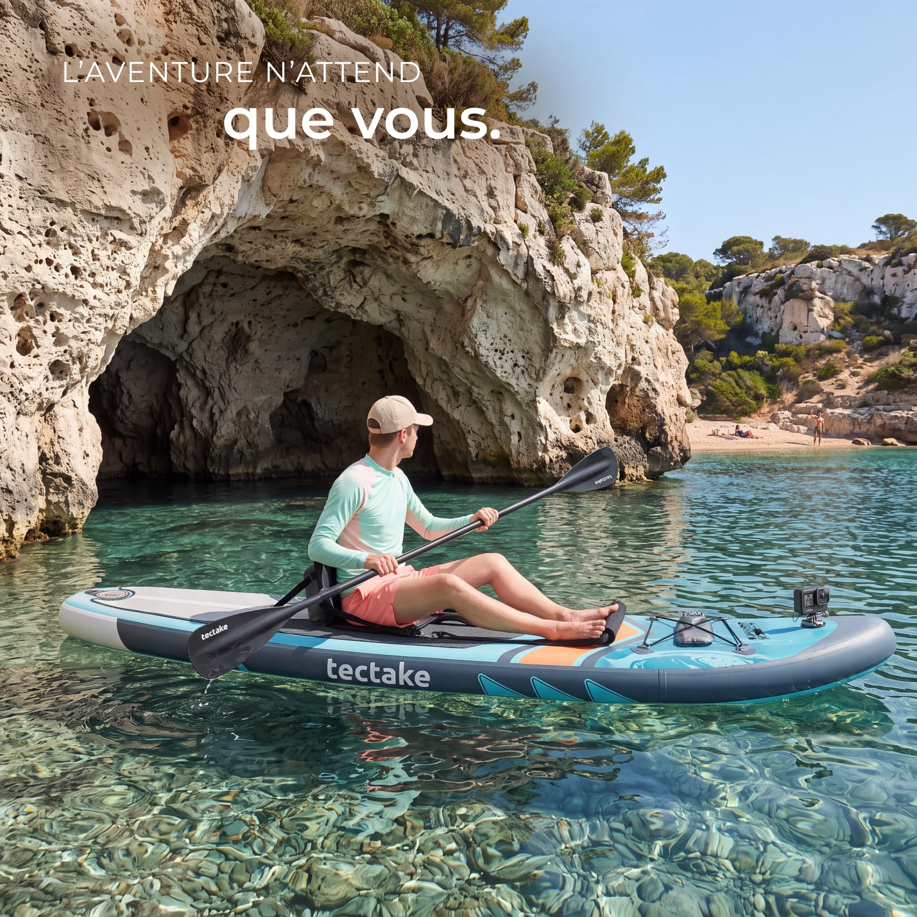 tectake® Stand-up Paddle Gonflable, Siège de Kayak, Support caméra, 288cm | Stable et léger, Surface antidérapante, Kit complet avec Pagaie double réglable et Sac à dos, Matériau Drop-Stitch, Max 200Kg