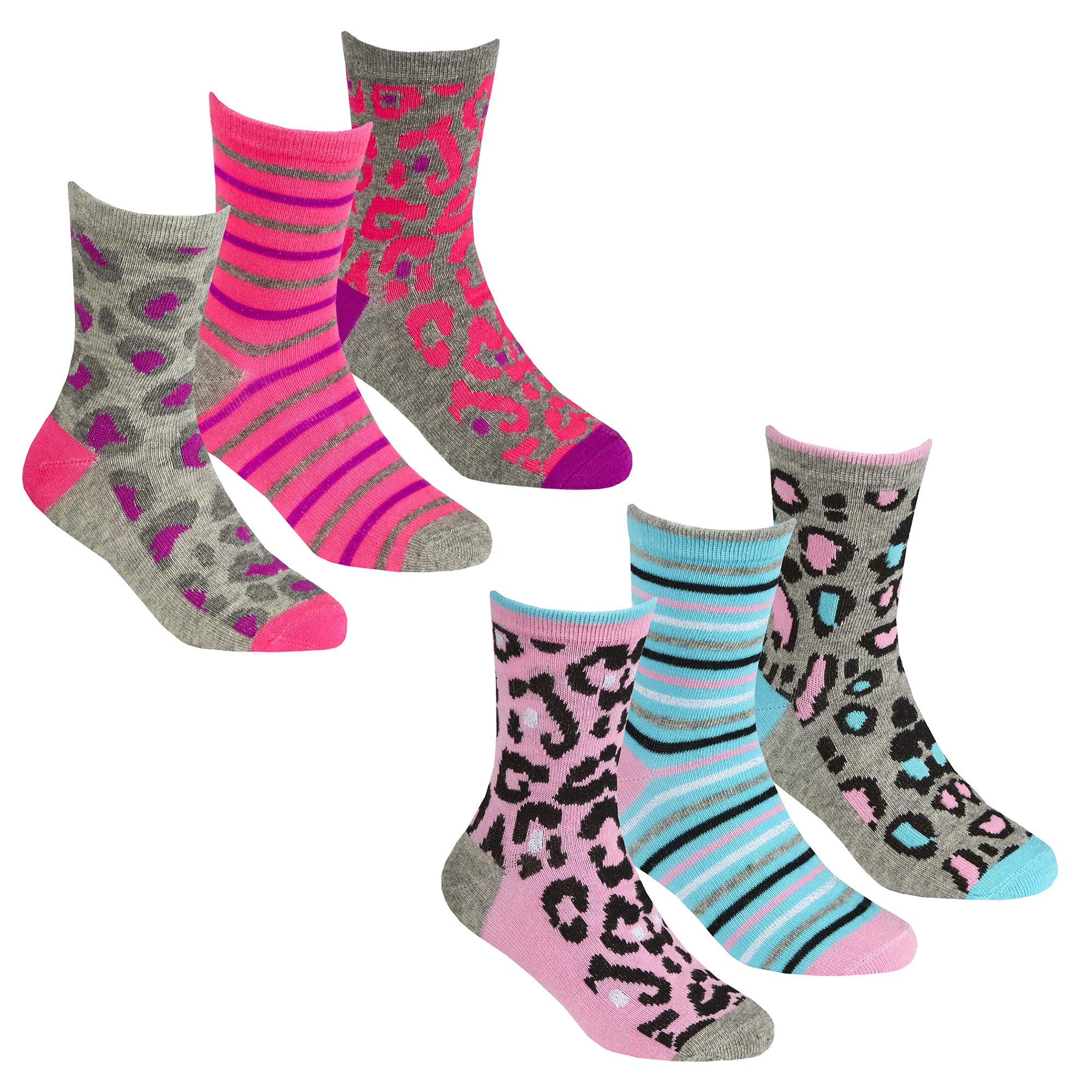 Metzuyan Girls Kids Novelty Socks 6 Pairs Cotton Rich Cartoon Leopard Print 6 Pairs 6-8.5