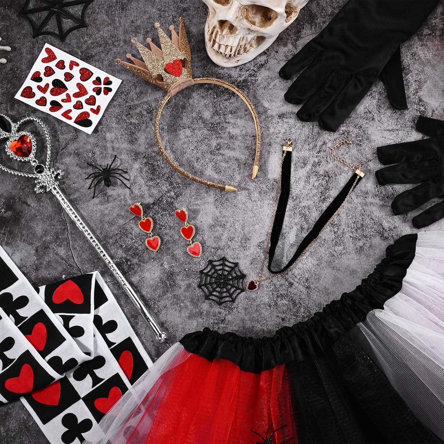 8 Pcs Queen Costume Include Crown Headband,Tutu Skirt,Socks,Gloves,Earrings,Wand and Stickers for Women Halloween Party Dress Up - Image 7