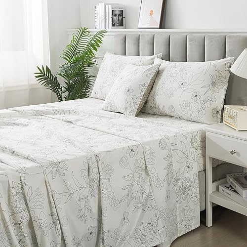 FADFAY Juego de sábanas de girasol vintage en blanco y negro, sábanas florales de color blanco desgastado, ropa de cama elegante con flores de