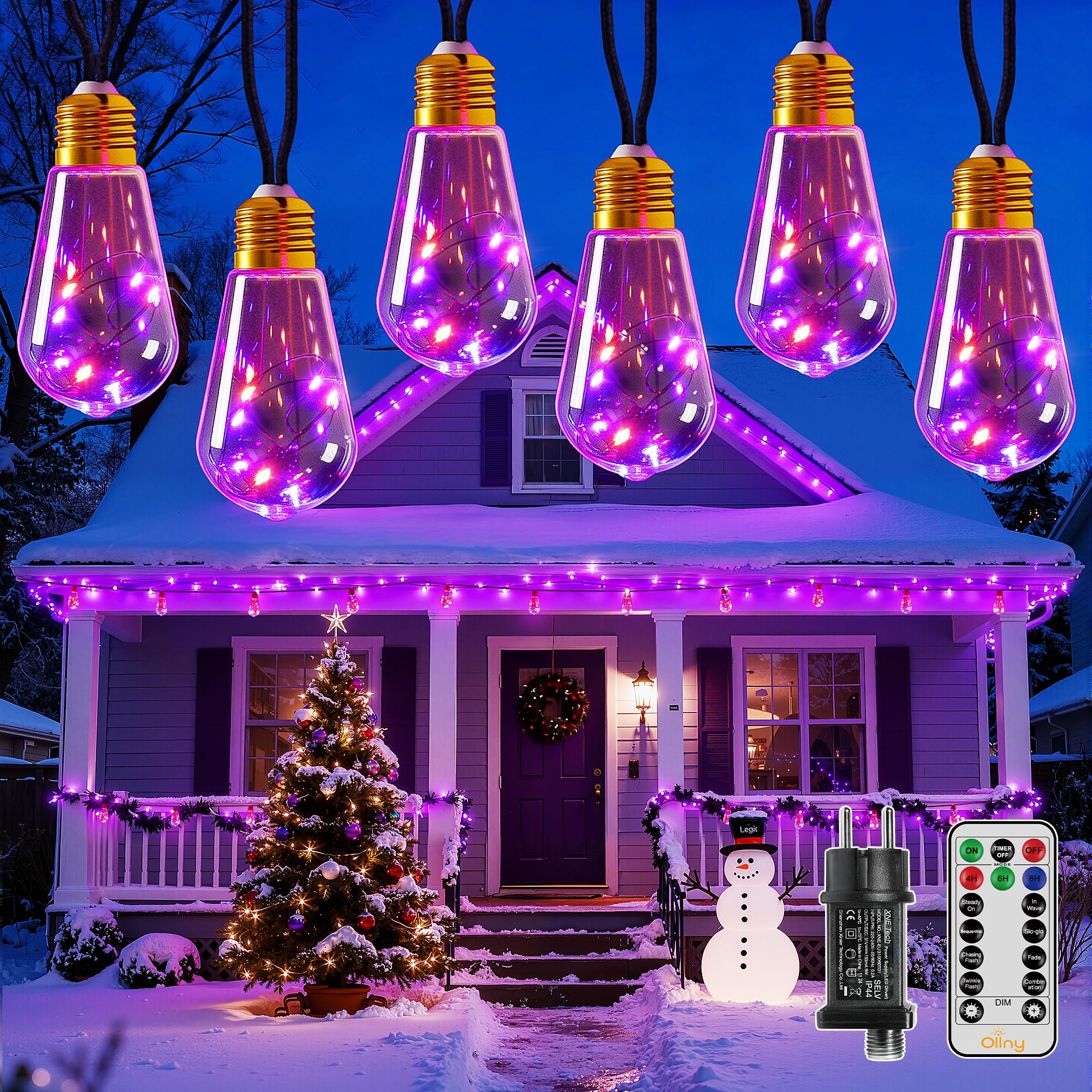 Ollny 12M Halloween Deko Outdoor, mit 24 S17 Glühbirnen Lichterkette Aussen, 8 Modi Timer Dimmbar für halloween deko innen und außen (Orange und Lila)