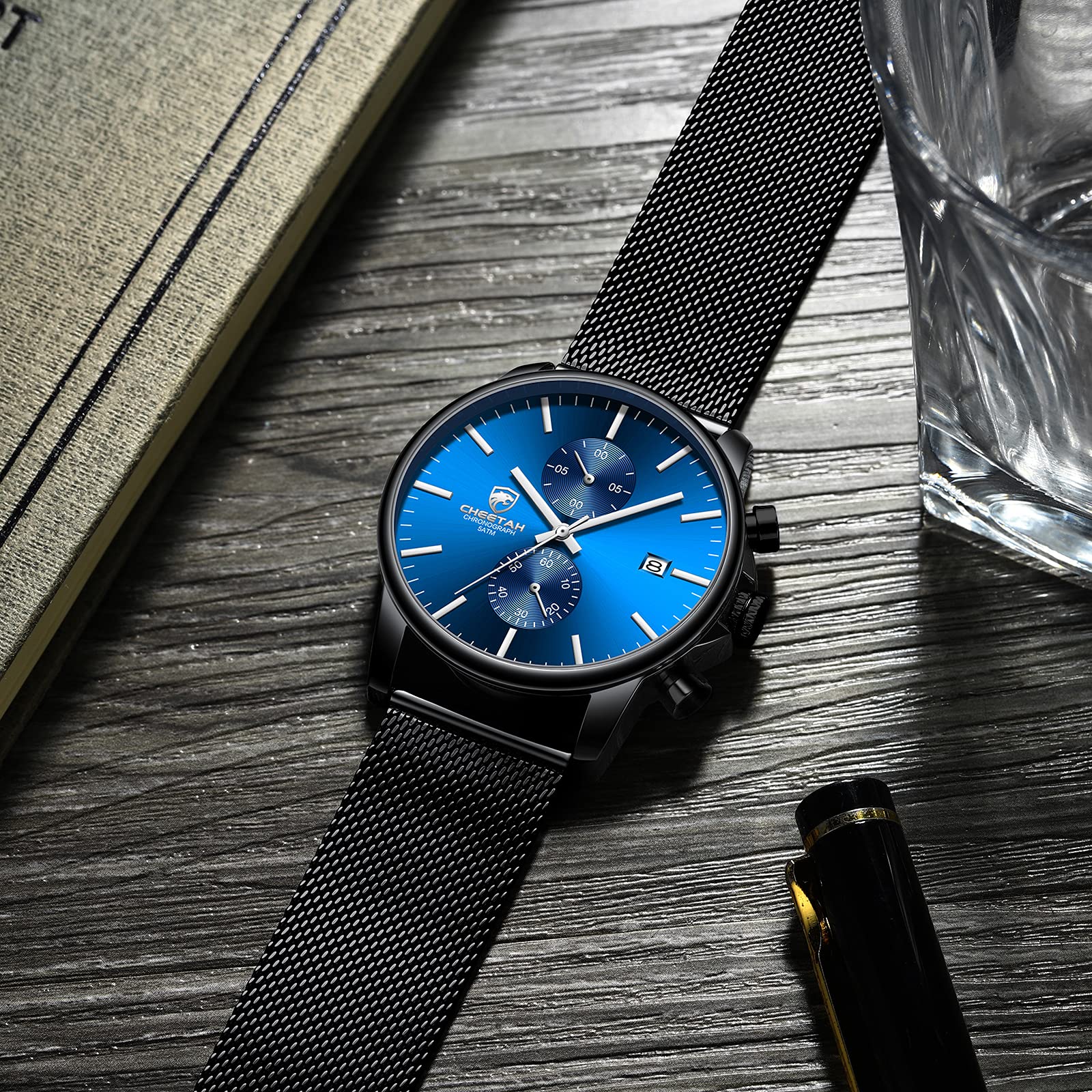 GOLDEN HOUR Montre à Quartz analogique Tendance et Minimaliste en Maille d'acier Inoxydable étanche chronographe pour Homme avec Date Automatique