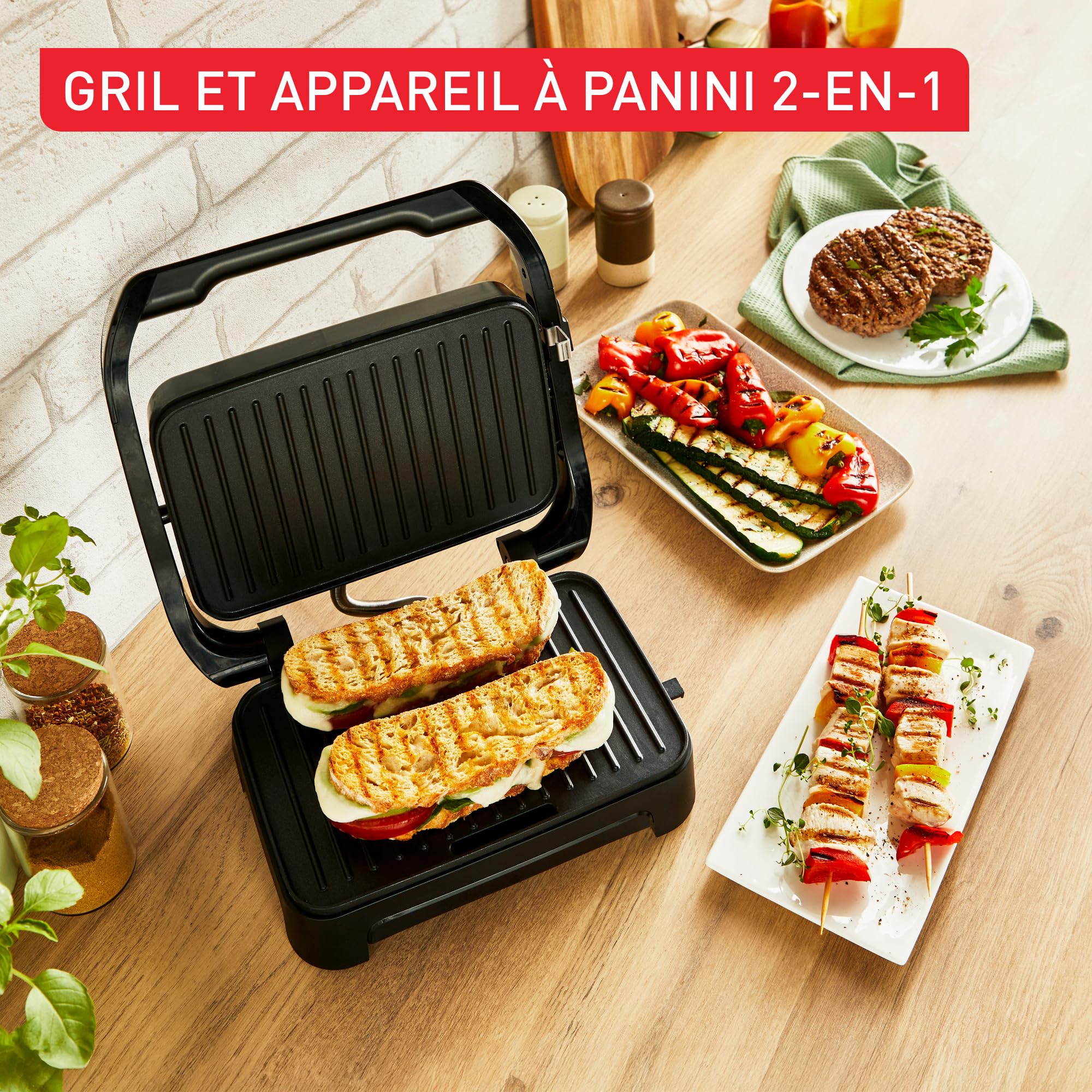 Tefal Gril et machine à panini, Plaques de cuisson antiadhésives, Nettoyage facile, Rangement facile, Inicio Compact, GC270D10