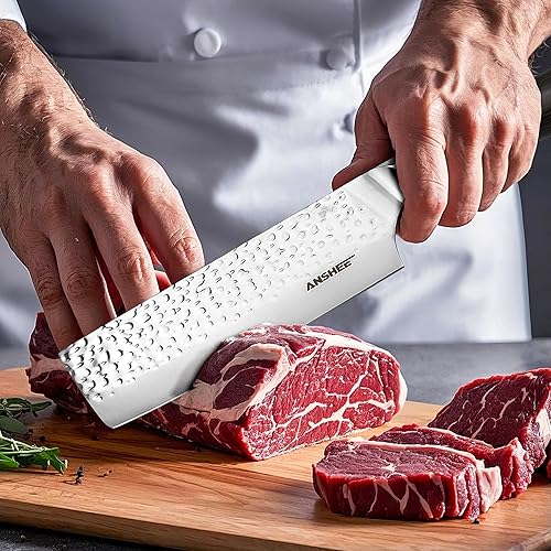 Miniatura 8 de anshee Cuchillo japonés Nakiri de 7 pulgadas y cuchillo de cocina de acero inoxidable de alto carbono con hoja martillada antiadherente, mango