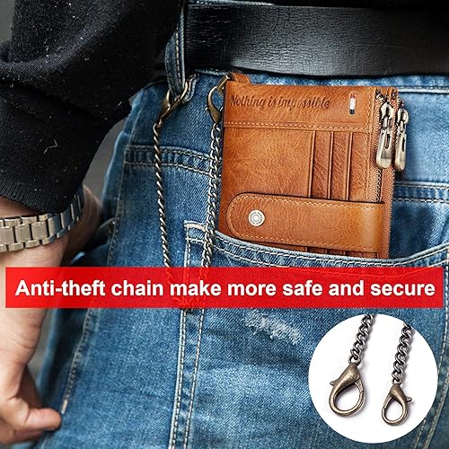 Miniatura 4 de gzcz Billeteras de cadena RFID para hombre, cartera de cuero genuino con cremallera plegable para trabajo, viajes, al aire libre con ventana de