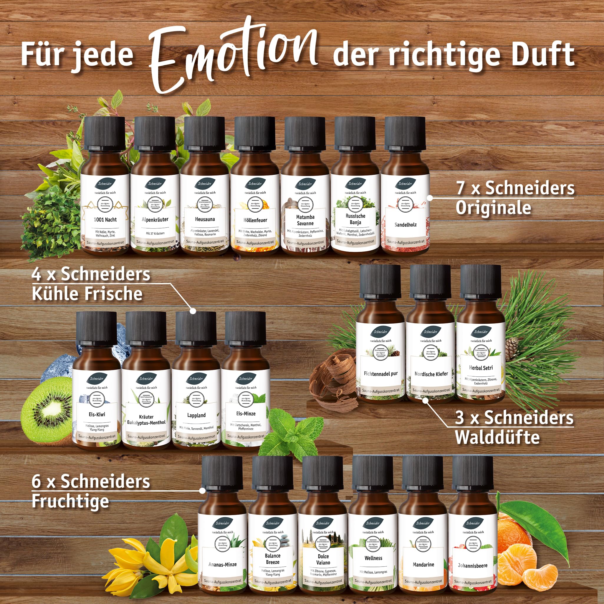 Saunabedarf Schneider Sauna Aufguss Set „Duftreise 20“: 20 x 20 ml, naturreine ätherische Öle, vielfältige Duftkompositionen aus aller Welt, Saunaaufguss Set Wellnessmomente & Abwechslung