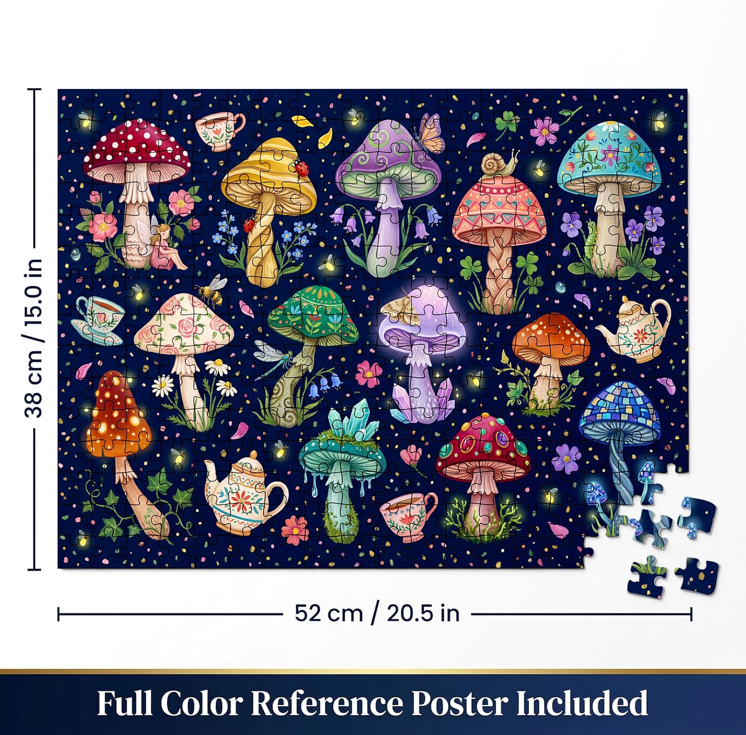 Fantasy Mushroom Garden Jigsaw Puzzle for Adults 500 Pieces, Whimsical Fairy Tale Illustration with Colorful Toadstools and Fireflies, Interlocking Pieces, for Nature Art Lovers