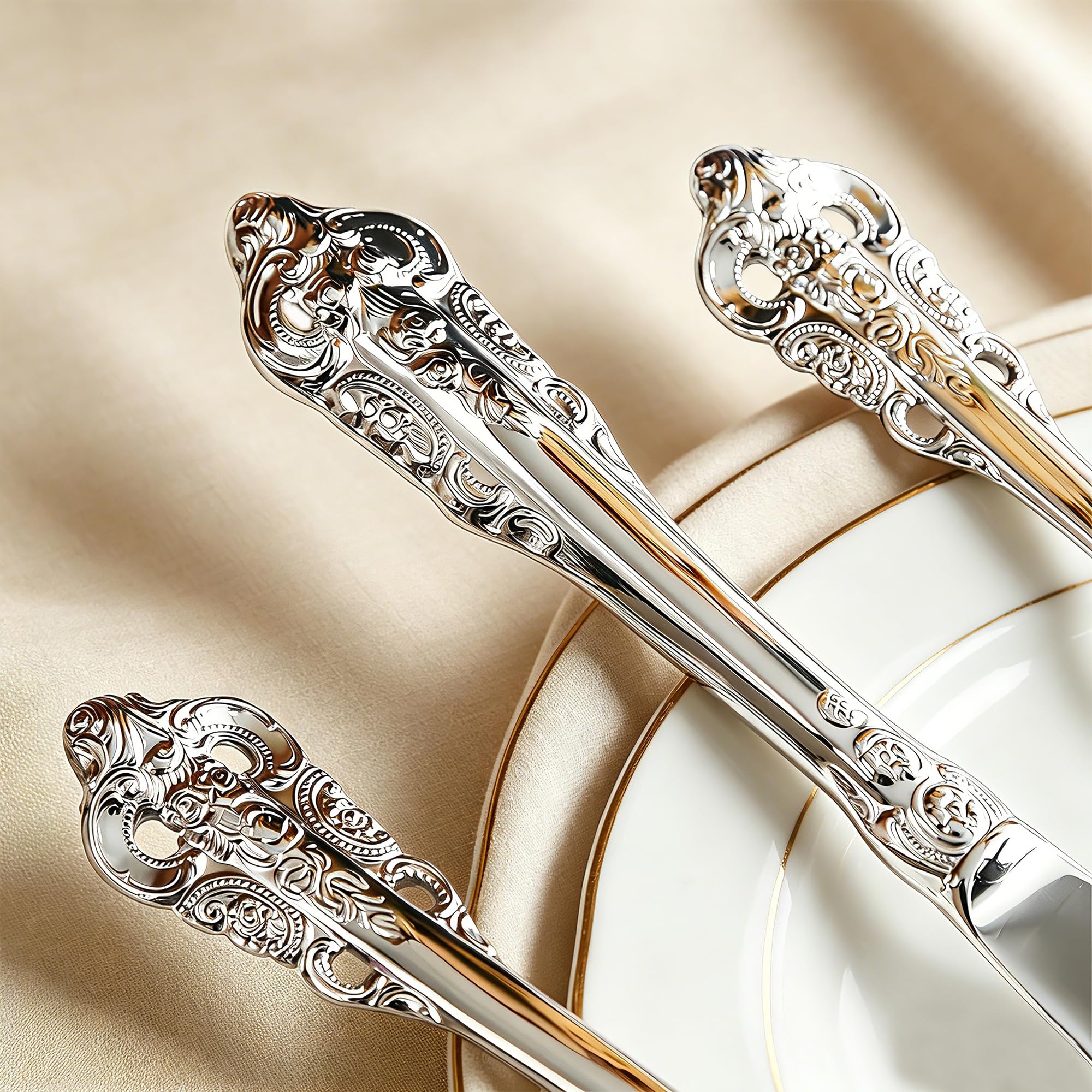 Prächtiges Barock Silber 18/10 Edelstahl Besteck-Set mit 20 Teilen, rostfreies Edelstahl Besteck inklusive Gabel, Löffel und Messer mit Geschenkbox