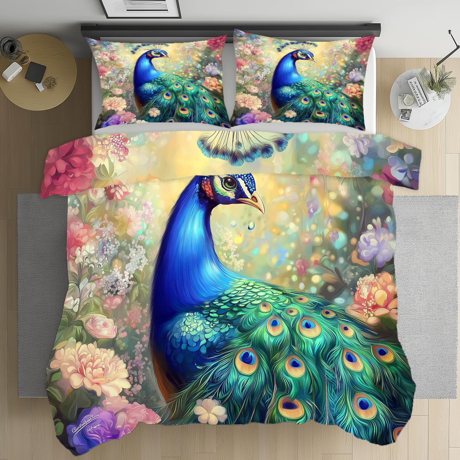 Linge de lit paon et microfibre literie esthétique avec fleurs et fermeture éclair 140x200 cm