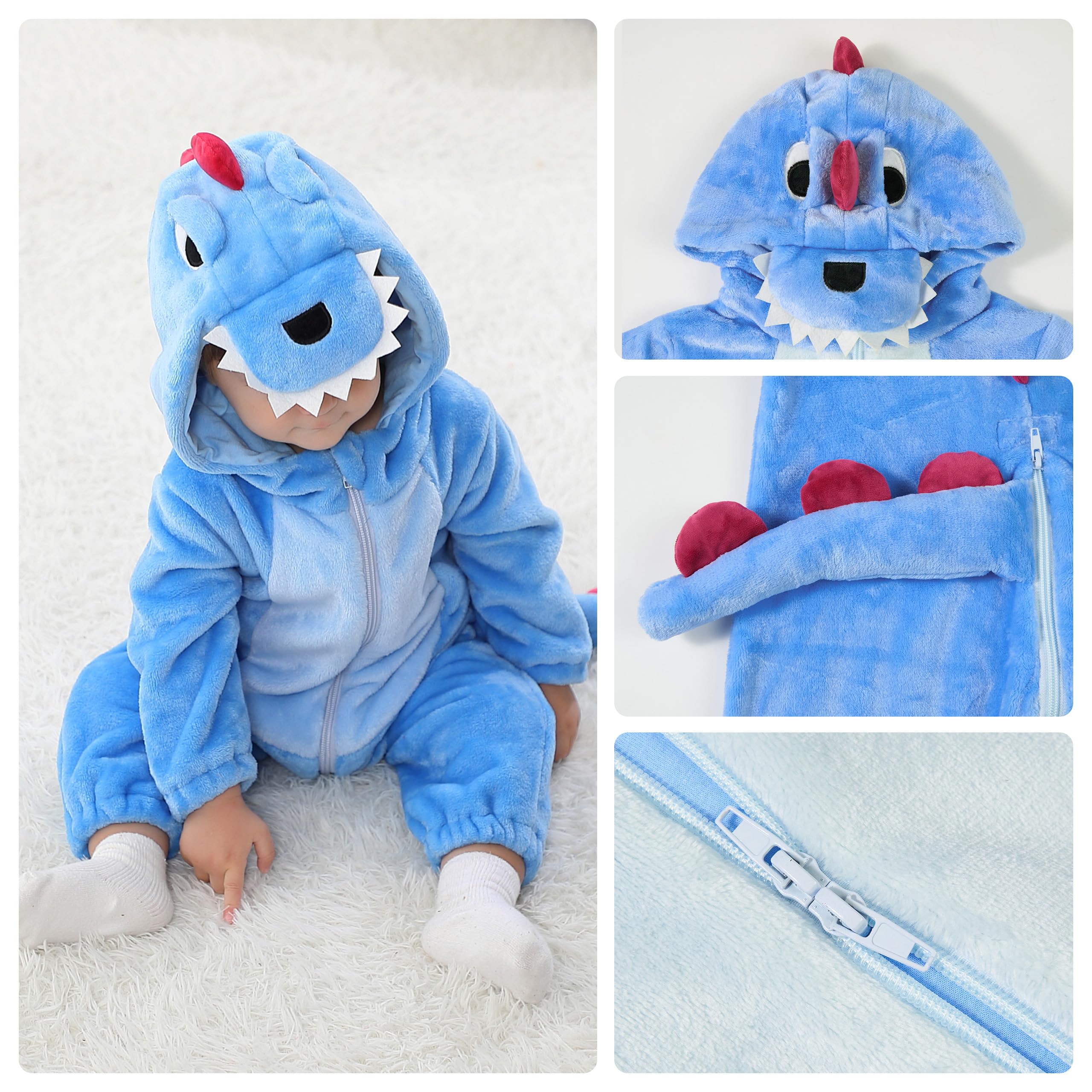 LOLANTA Costume da Dinosauro per Bambino Unisex, Costume da Animale con Cappuccio per Bambino, Tuta Sindacale in Flanella, Blu, 3-4 anni