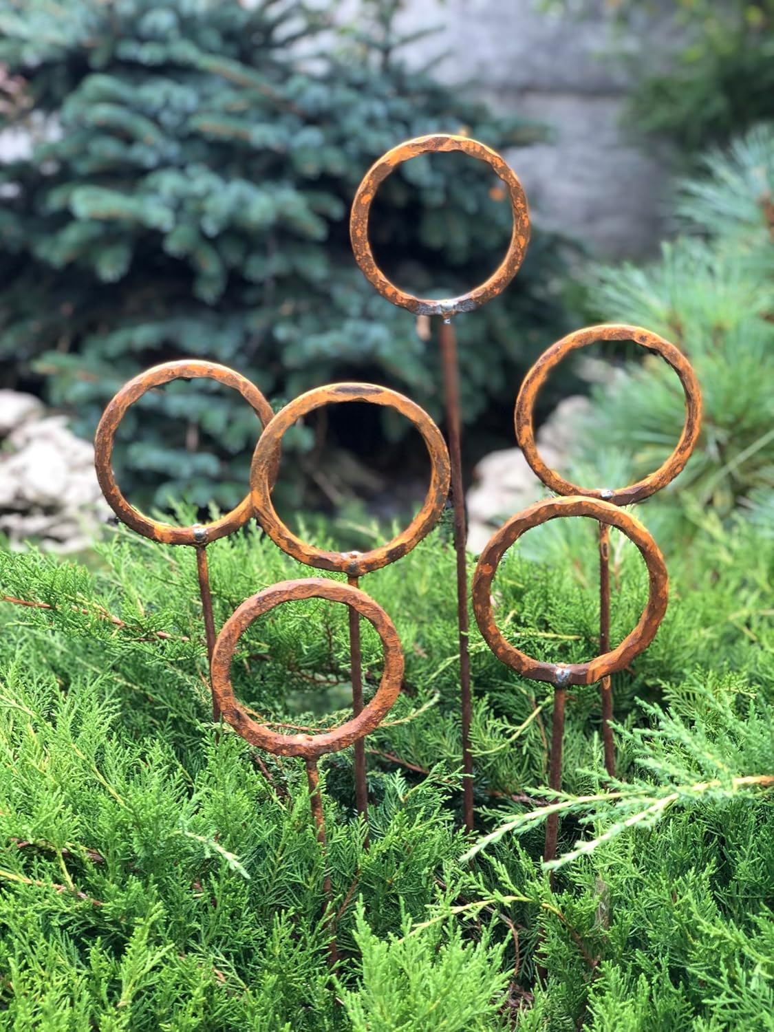 Set of 6 Rusty Metal Garden Stakes, Rustic Garden Finials, Outdoor Decor, Weathered Yard Art, Handmade Metal Sculpture