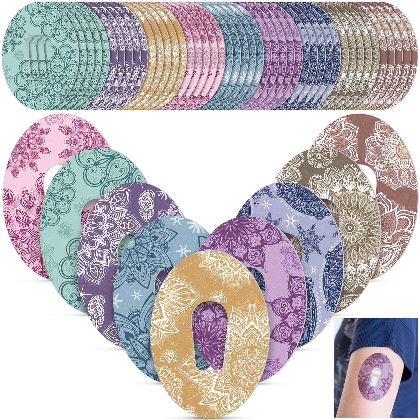 TrelaCo 36 Pcs Adhesive Patches Compatible with Dexcom G6 Breathable Colorful Mandala Floral Pre Cut Adhesive Tape for Continuous Glucose Monitor Protection