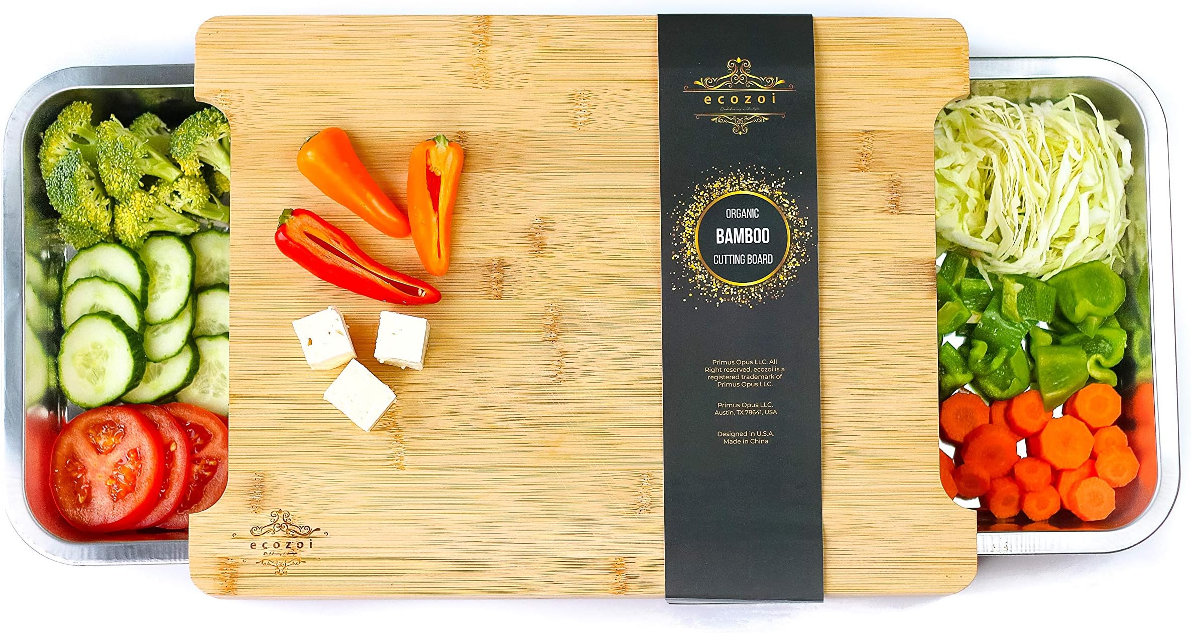Ecozoi Large Bamboo Cutting Board with 2 Big Organizing Stainless Steel Trays | Space Saver Design and Eco Friendly Sustainable Chopping Board