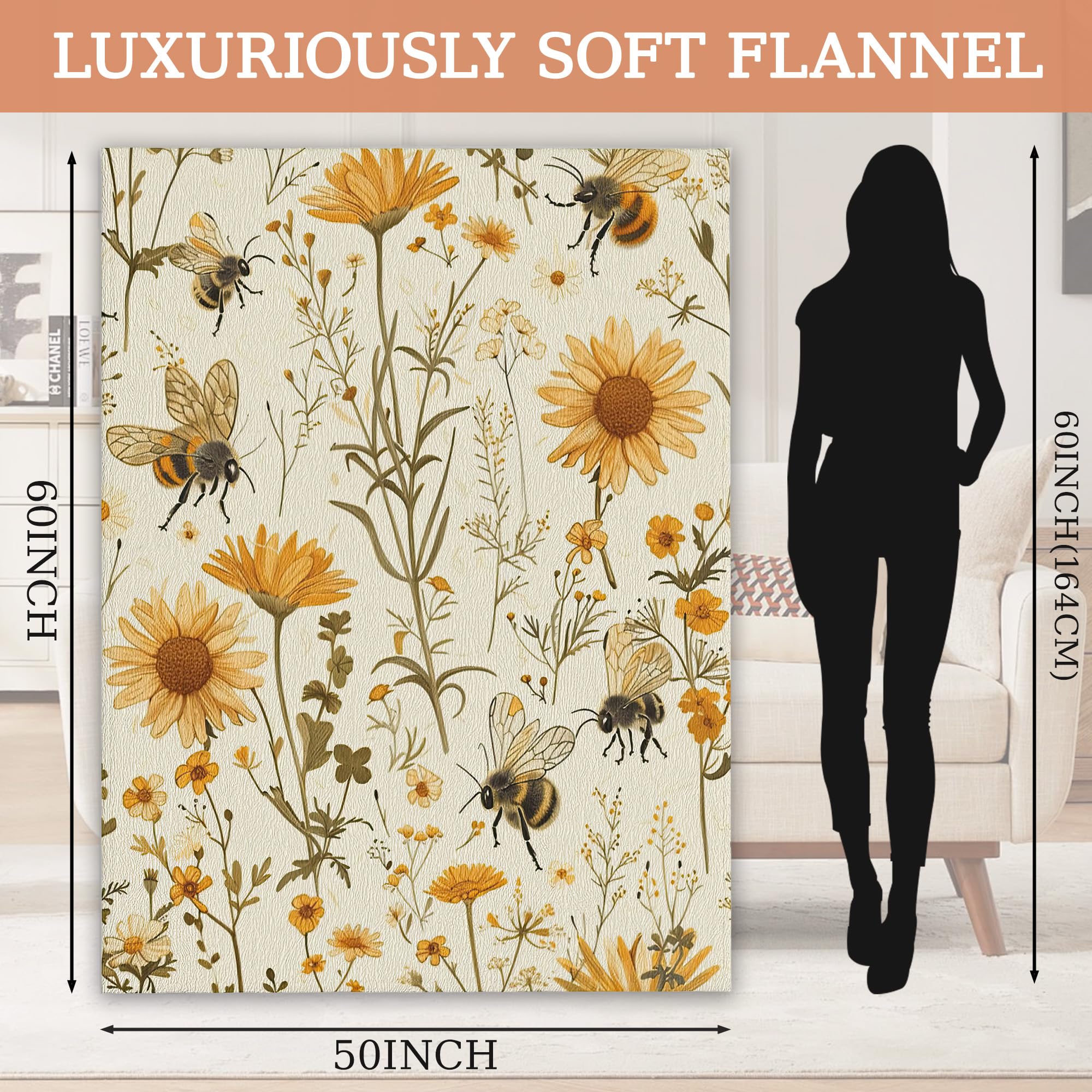 CIAIDU Blanket Yellow Wildflowers Lightweight Soft Throw Blanket for Girls Teens Women Cute Bees Fuzzy Blanket Home Room Decor 50x60 Inches - Image 2