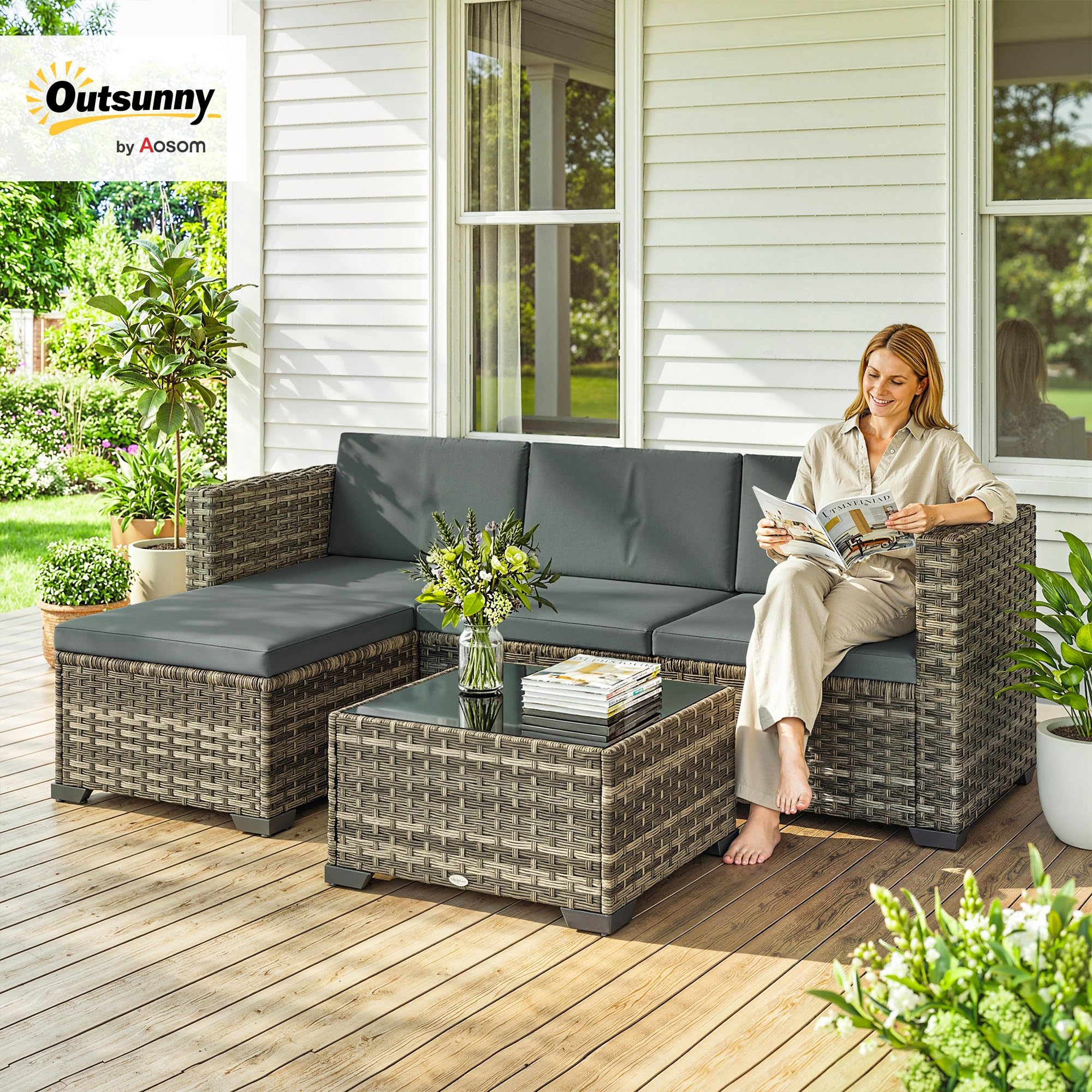 Outsunny Conjunto de Jardín de Ratán de 5 Piezas, Conjunto Terraza Resistente, Muebles Jardín Exterior Incluye Cojines, 2 Sillones de Esquina, Sillón sin Brazos, Reposapiés y Mesa Centro, Gris Oscuro