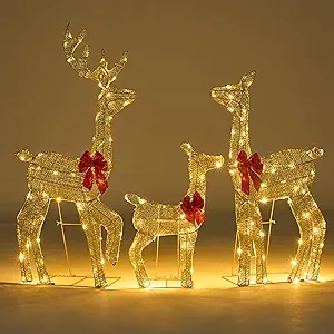 JOIEDOMI 3 Pcs 2D Christmas Elegant Golden Reindeer Family Yard Light Decorations, 180 LED Warm White Lights with Metal Stakes for Indoor Outdoor Garden Holiday Décor, Christmas Eve Night Décor