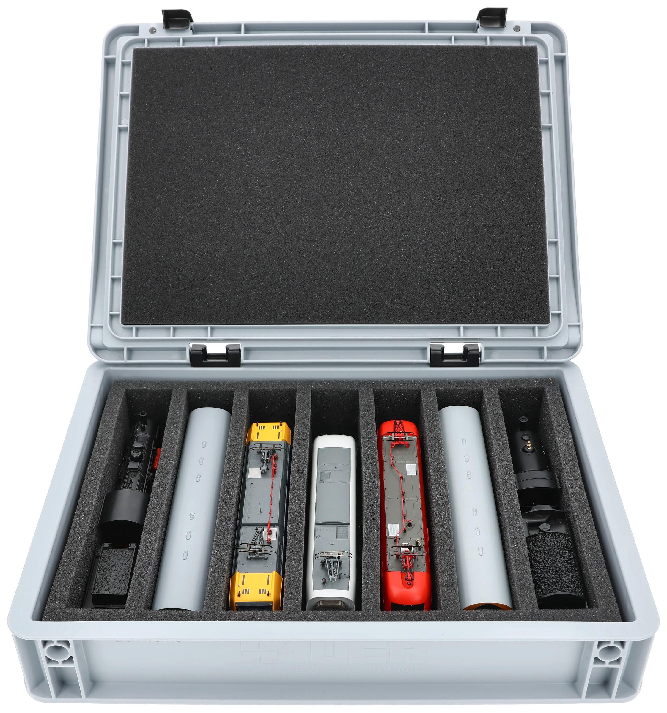 Feldherr Eurobox 40 x 30 cm Set für Modelleisenbahnen - Spur H0-7 Fächer - Schaumstoffeinlage für stehende Aufbewahrung - kompakte Transportlösung für Loks und Waggons
