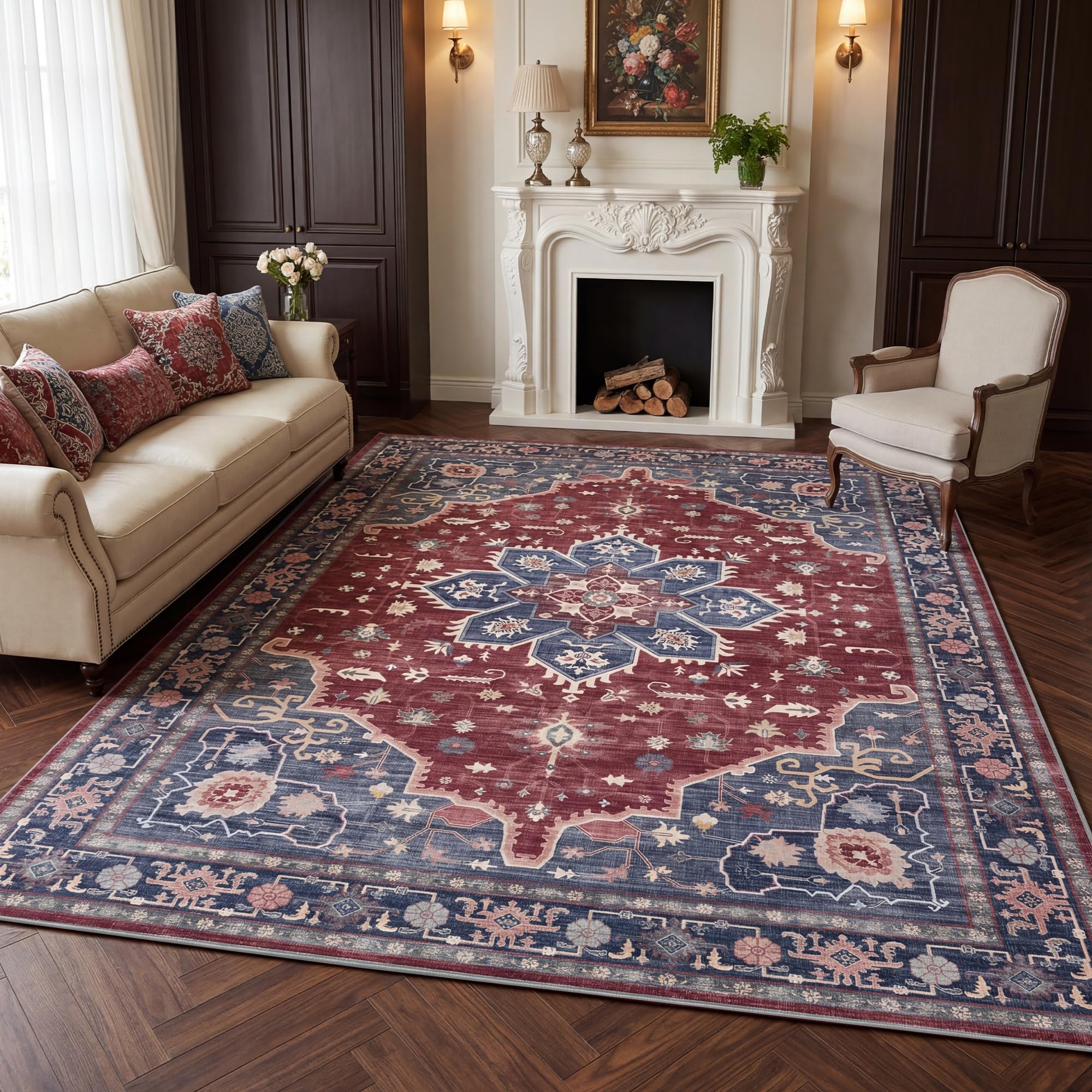 Autsel Vintage Teppich Wohnzimmer, Waschbarer Teppich Schlafzimmer, Boho Teppich Kurzflor, rutschfest Läufer Teppiche, Pflegeleicht Teppich Gegend für küche, Büro, Esszimmer, Flur