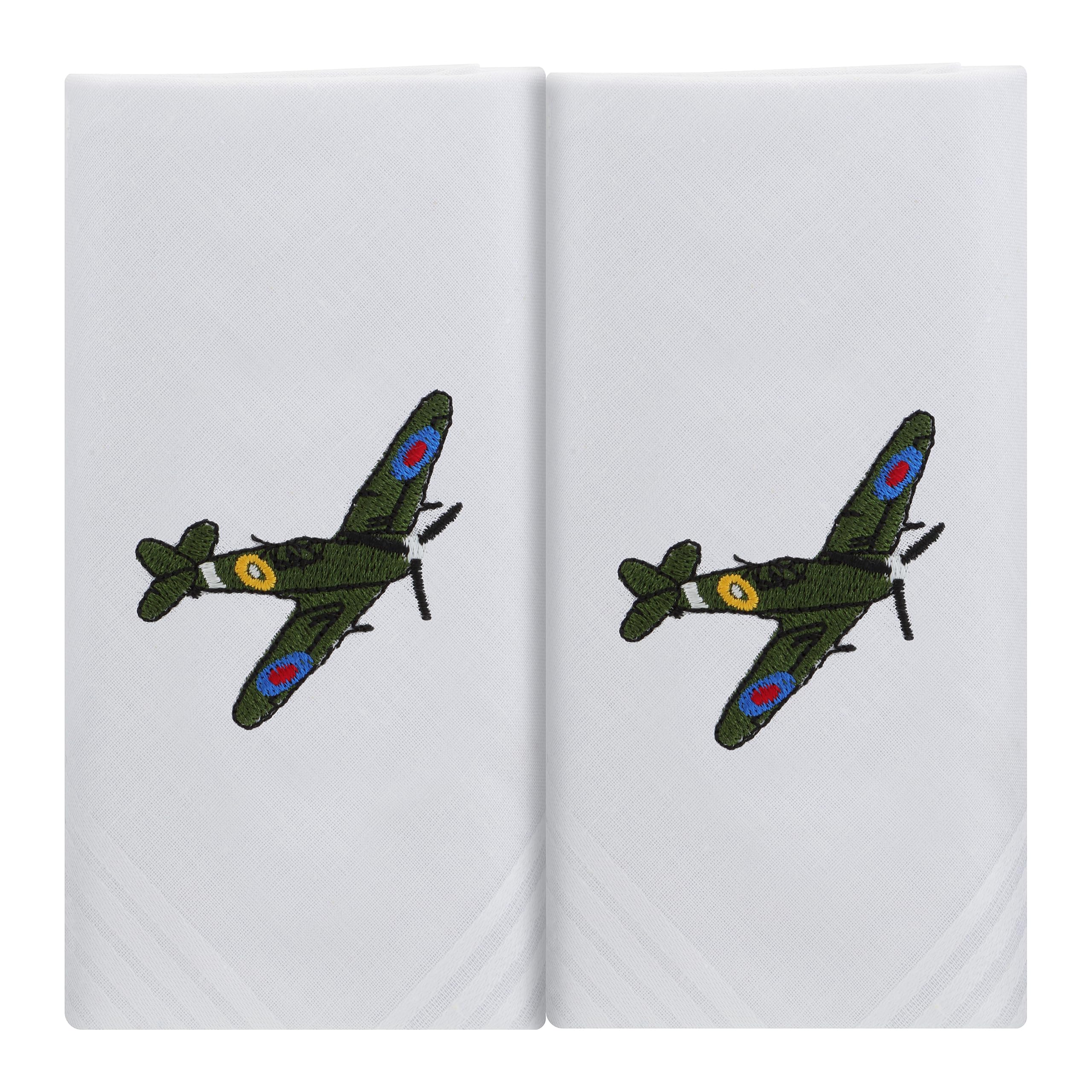 Mandittions Men's White Spitfire Box Of 2 White Cotton Handkerchiefs Each Embroidered With A Spitfire Plane