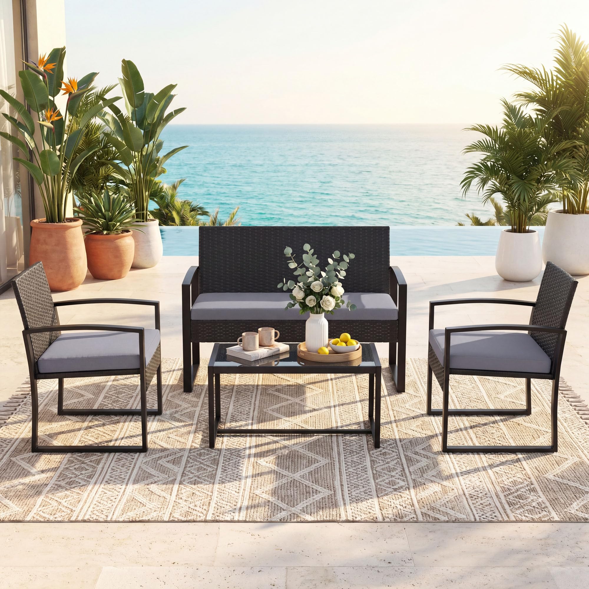 SOARS Set di Salotto da Esterno in Rattan PE, Divano 2 Posti, 2 Poltrone, Tavolino Vetro Temperato, Cuscini, Grigio