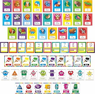 64 PCS Educational Cards, Laminated Water/Tear Proof Preschool Learning Posters Include Alphabet Numbers Colors & 2D/3D Shapes, Kindergarten Preschool Early Education Cards Home Classroom Decorations