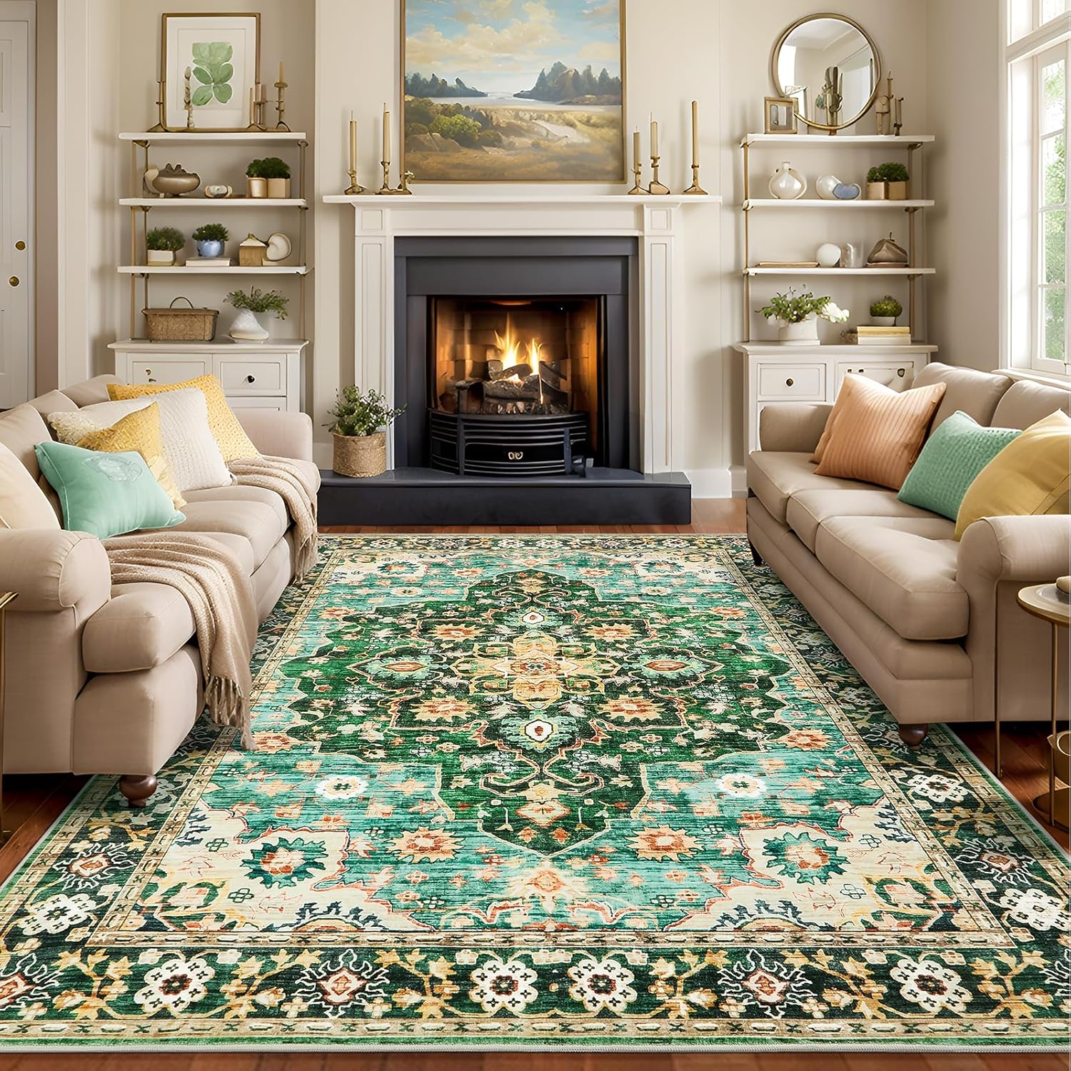 8x10 Area Rugs for Living Room, Machine Washable Vintage Rug, Non-Slip Low Pile Throw Rugs with Rubber Backing Washable Carpet for Bedroom Dining Room Kitchen Home Decor, Green 8×10 Ft Deep Green