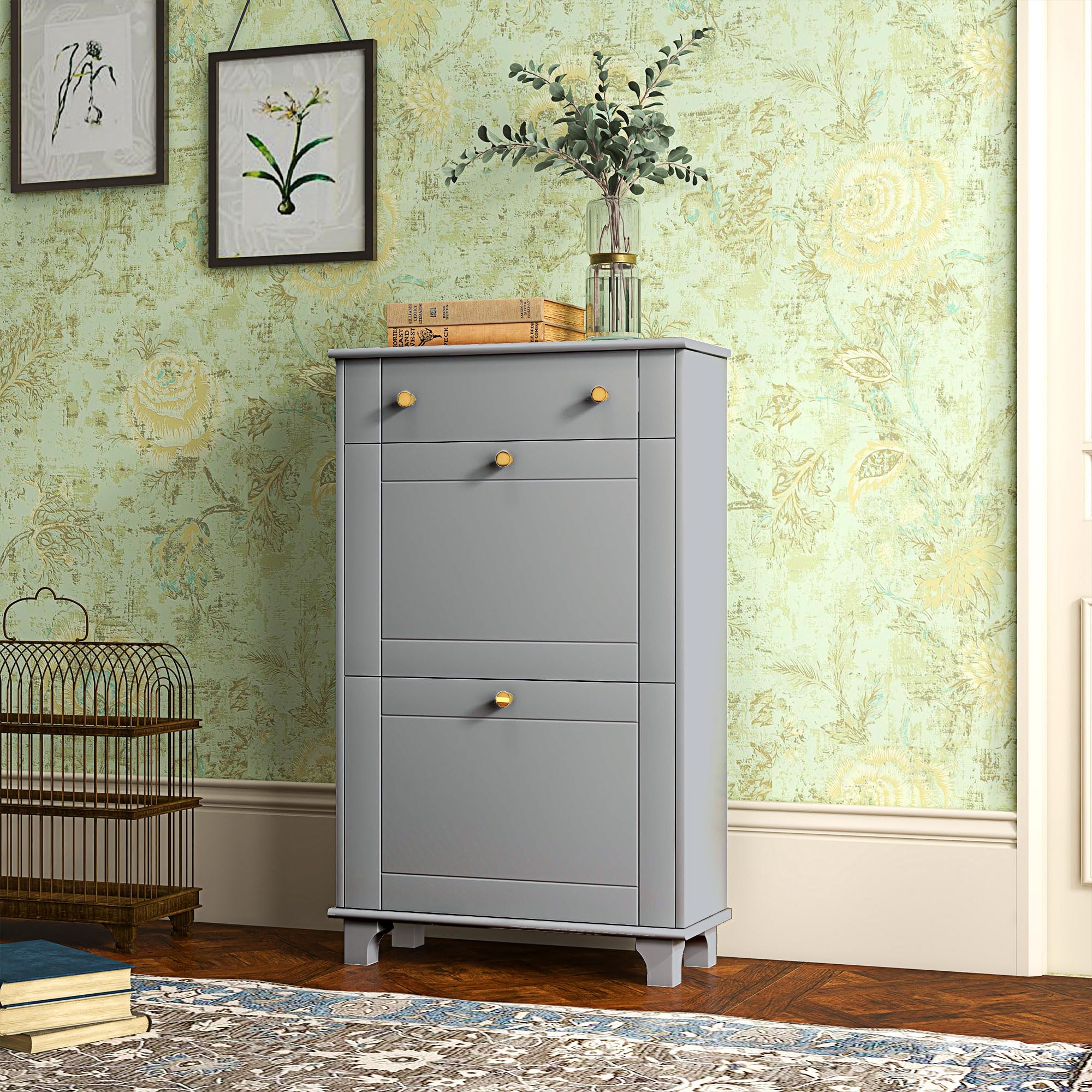 HOMCOM Scarpiera stretta scarpiera ingresso corridoio con 2 cassetti pieghevoli e 1 cassetto estraibile per 8 paia di scarpe per corridoio 60 x 23,5 x 98,5 cm grigio