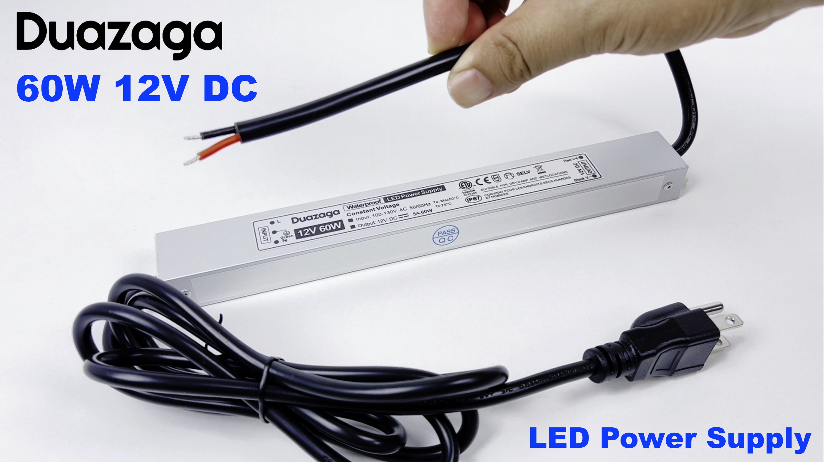 Image of LED Driver 60W 5A 12 Volt Power Supply 120V AC to 12V DC Converter | IP67 Waterproof, ETL Listed Low Voltage Transformer, Slim Transformador, Plug with 4.4ft Cord for Outdoor LED Light and Sign