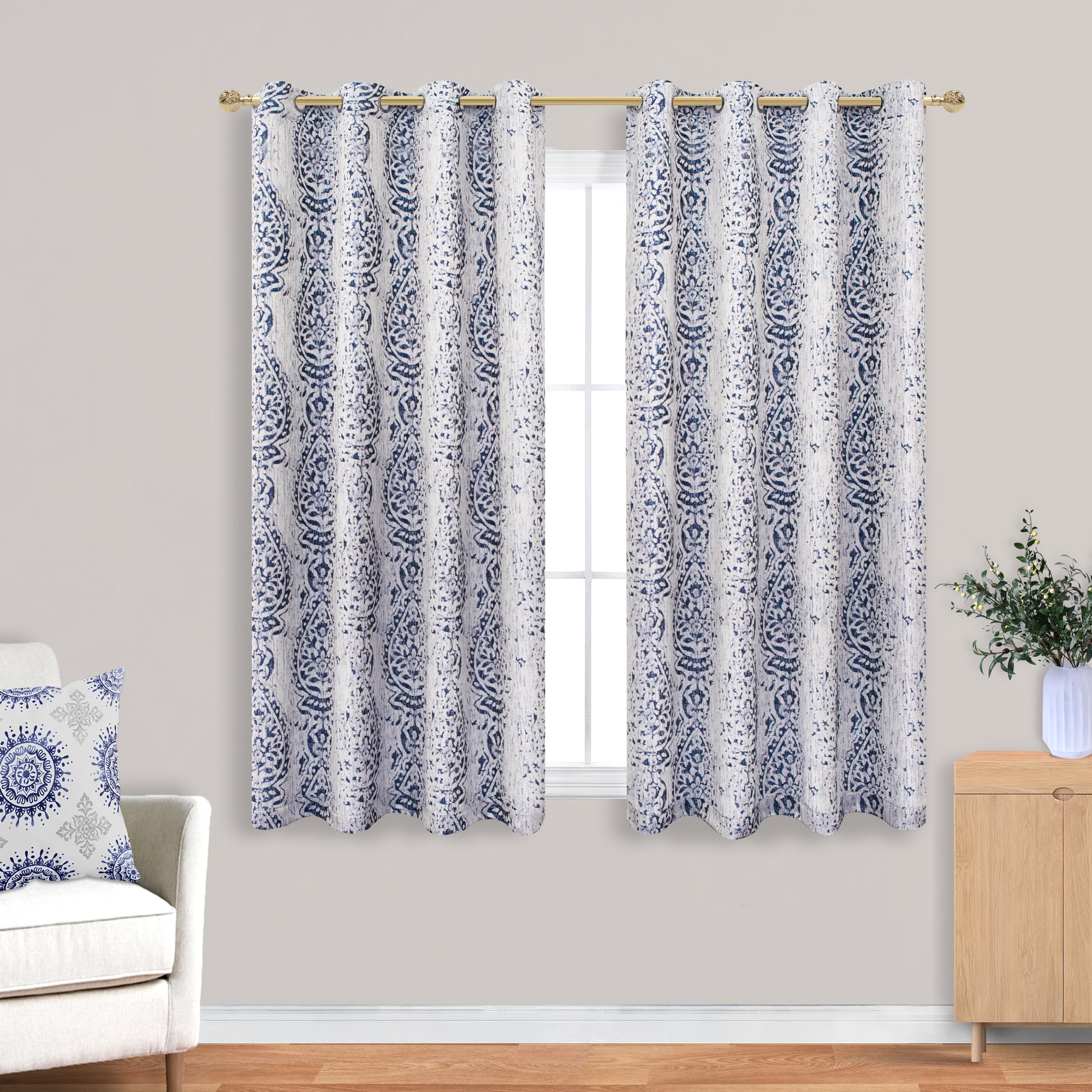 Mrs.Naturall Navy Blue 52x45 Inches Long Damask Pattern Curtains for Living Room โ image 1