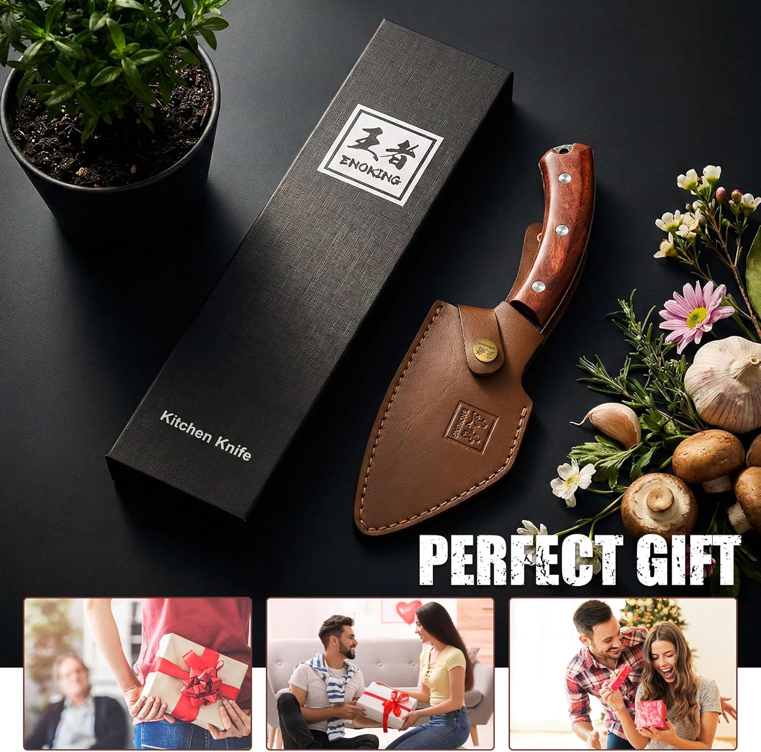 ENOKING 6.1 Inch Hand Forged Chef Knife, High Carbon Steel Butcher Knife with Leather Sheath, Full Tang Camping Cooking Knife for Meat Cutting, BBQ, Kitchen, Outdoor, with Gift Box - Image 8