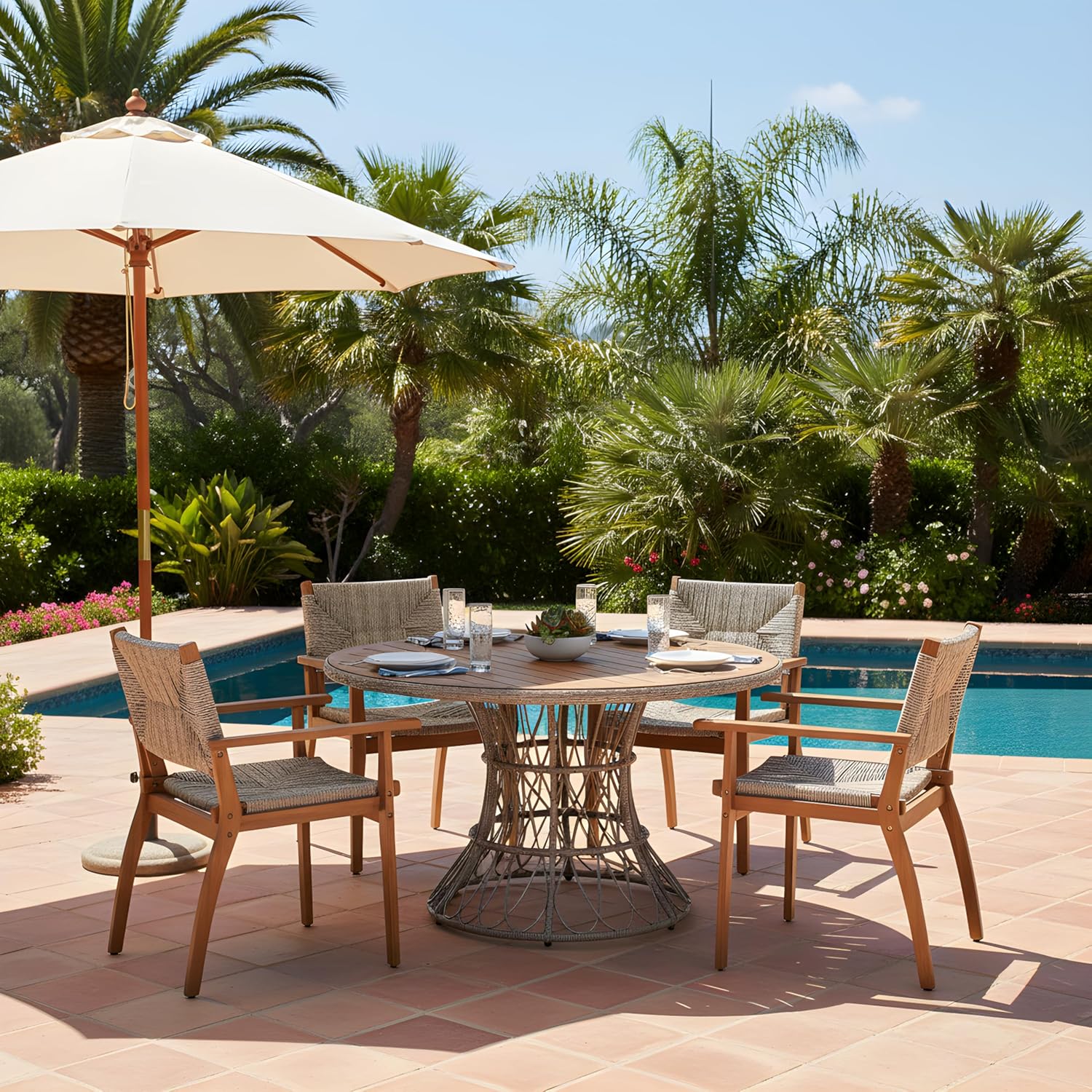 Merax 47.24" Round Outdoor Dining Table, Acacia Wood Top & Wicker Base, Patio Table for 4-6 People, Garden Outdoor Furniture, Brown Finish