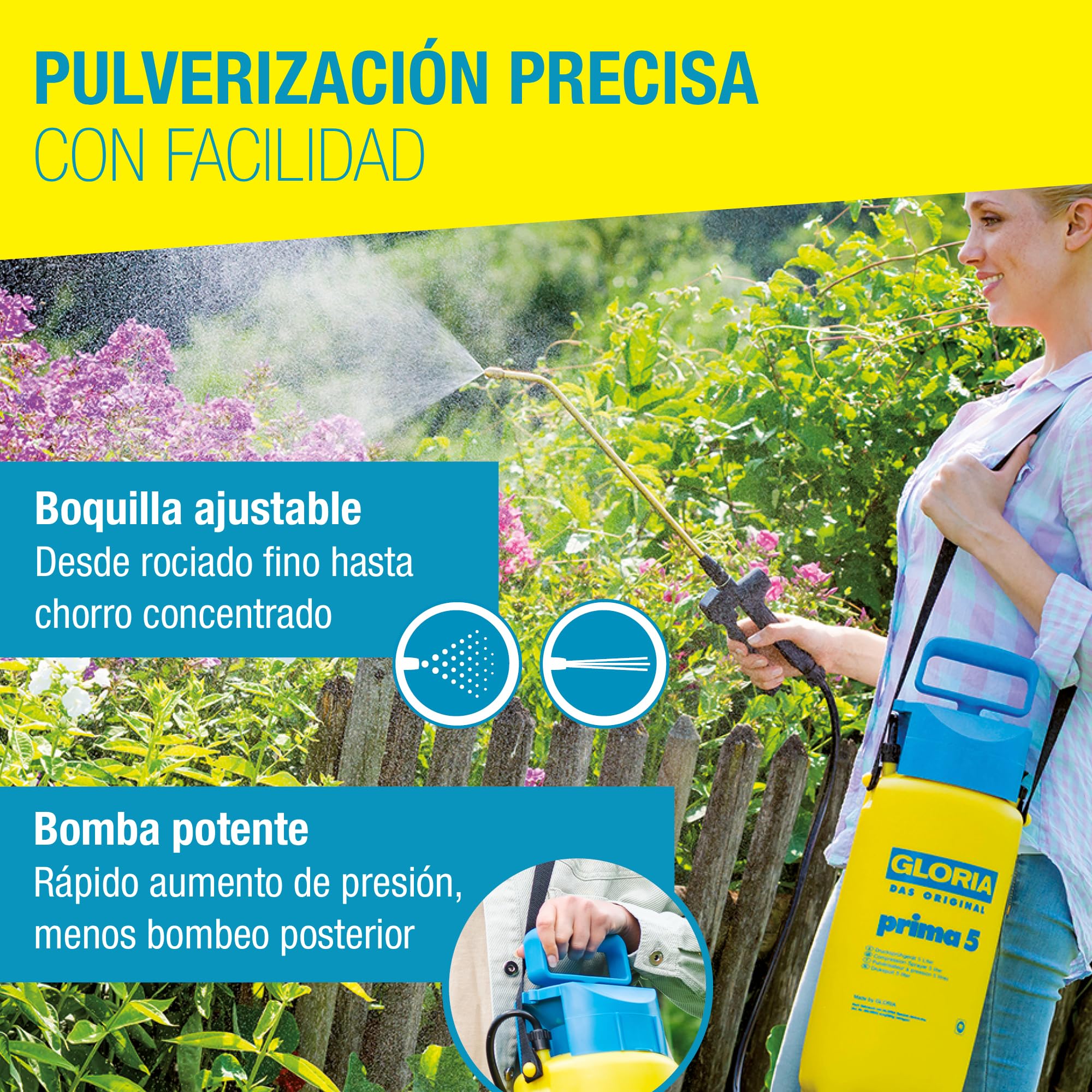 Gloria Pulverizador a presión Prima 5 | Pulverizador/rociador de jardín para la protección de Las Plantas | Capacidad de llenado 5 L | Boquilla de latón Regulable