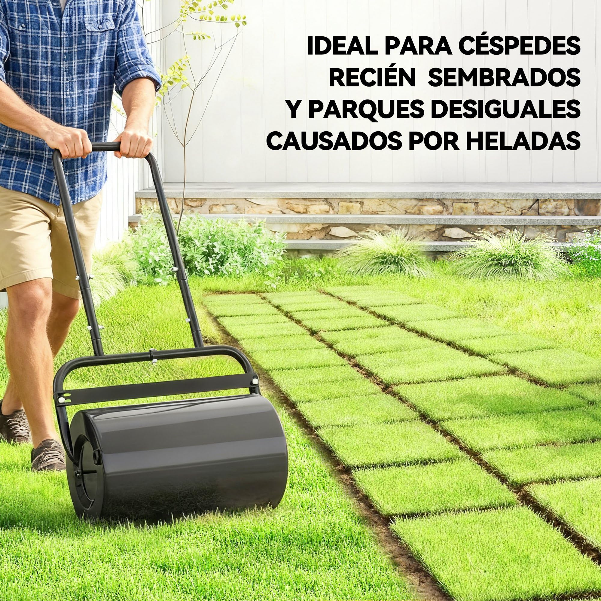 Outsunny Rodillo para Césped Ancho 58cm Ø32cm Rodillo de Césped Negro | 38L, Relleno de Arena o Agua, Mango en U, para Jardín Granja
