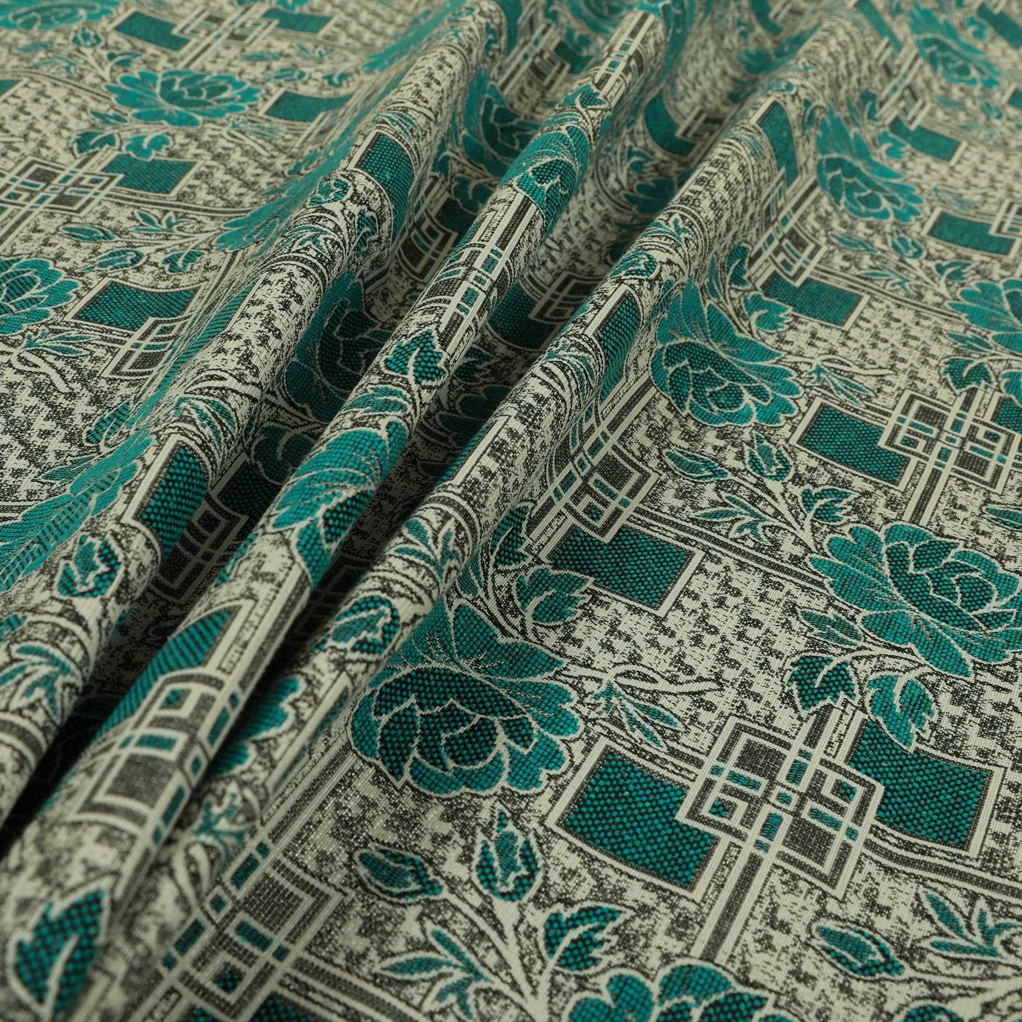 Redbrick Mill Fabrics Blue Glitter Upholstery Furnishing Pattern Fabric Patchwork Floral In Teal Silver, 135Cm Width (Per Metre)