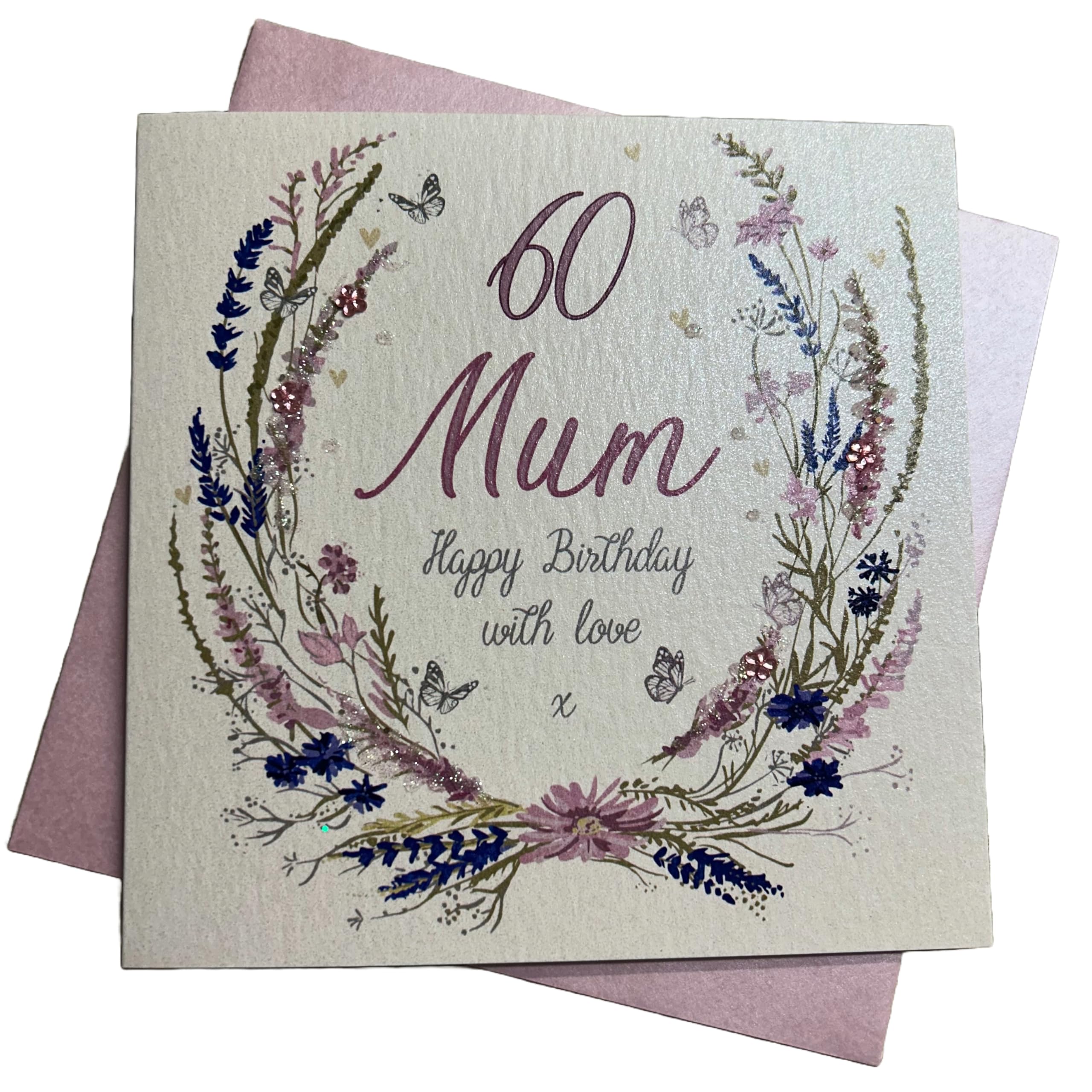 WHITE COTTON CARDS "Happy 60th Birthday Mum, Flowers mum Handmade 60th Birthday Card, e7-m60