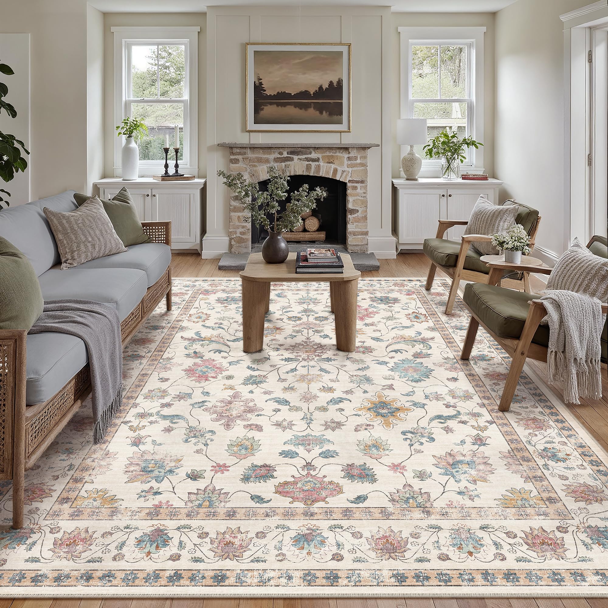 PureCozy Rugs Living Room 200x300 cm Vintage Washable Non Slip Area Rugs Retro Floral Large Lightweight Carpet for Bedroom Dining Room Hall Lounge Office Indoor Home Decor, Multicolored