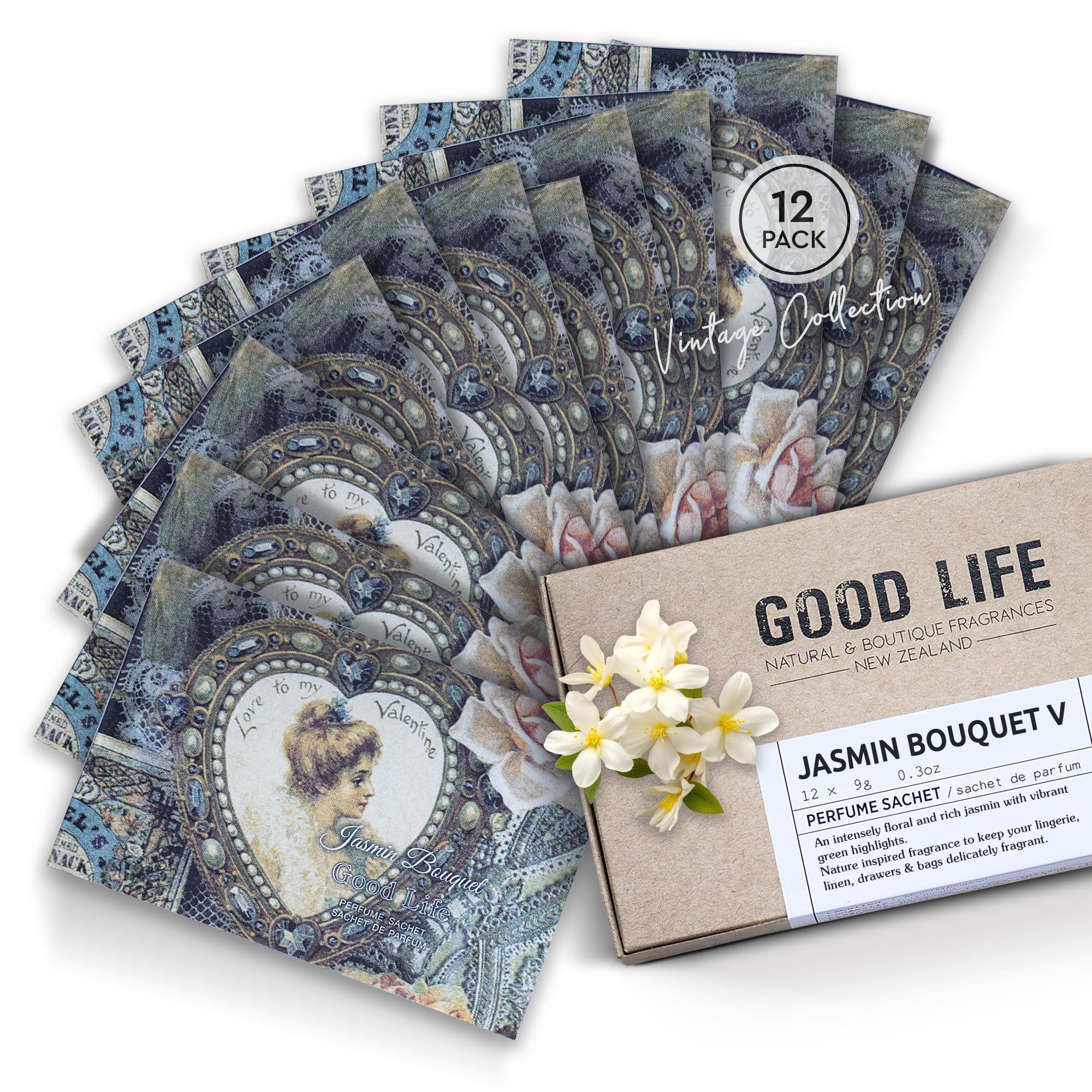 Good Life Green Jasmin Bouquet Scented Sachets Vintage | Designed In New Zealand | 12 Sachets