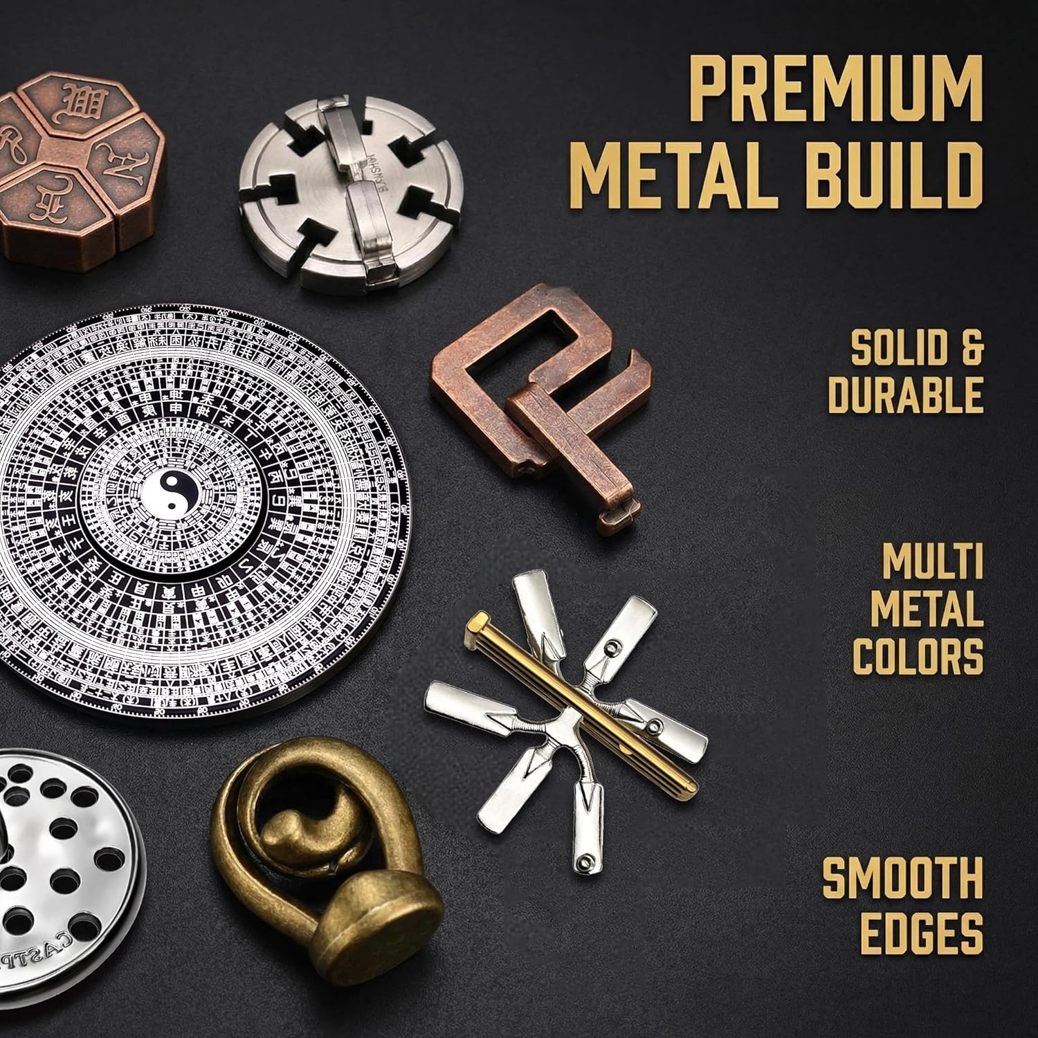 Bagua Metal Puzzles Set with Feng Shui Compass, 8+1 Alloy Brain Teasers, Traditional Chinese Intellectual Puzzle Toys for Adults, Stress Relief Fidget Desk Toy & Gift for Puzzle Lovers