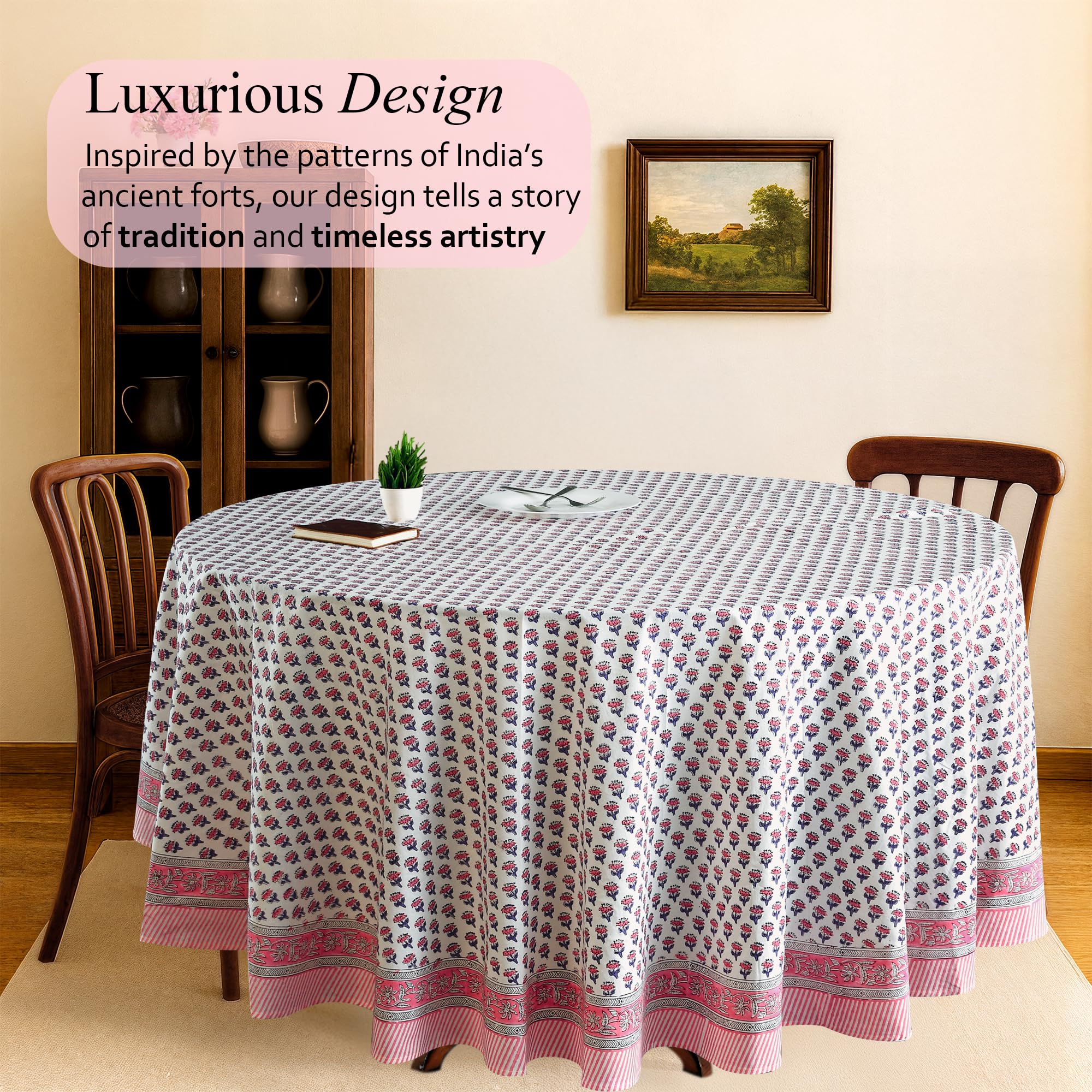CPC Round Tablecloth- Cotton Indian Block Print Tablecloth -Handmade Printed Washable Cotton Table Cloth - Spring/Summer, Wedding Table Cover - Pink Sapphire 90 Inch