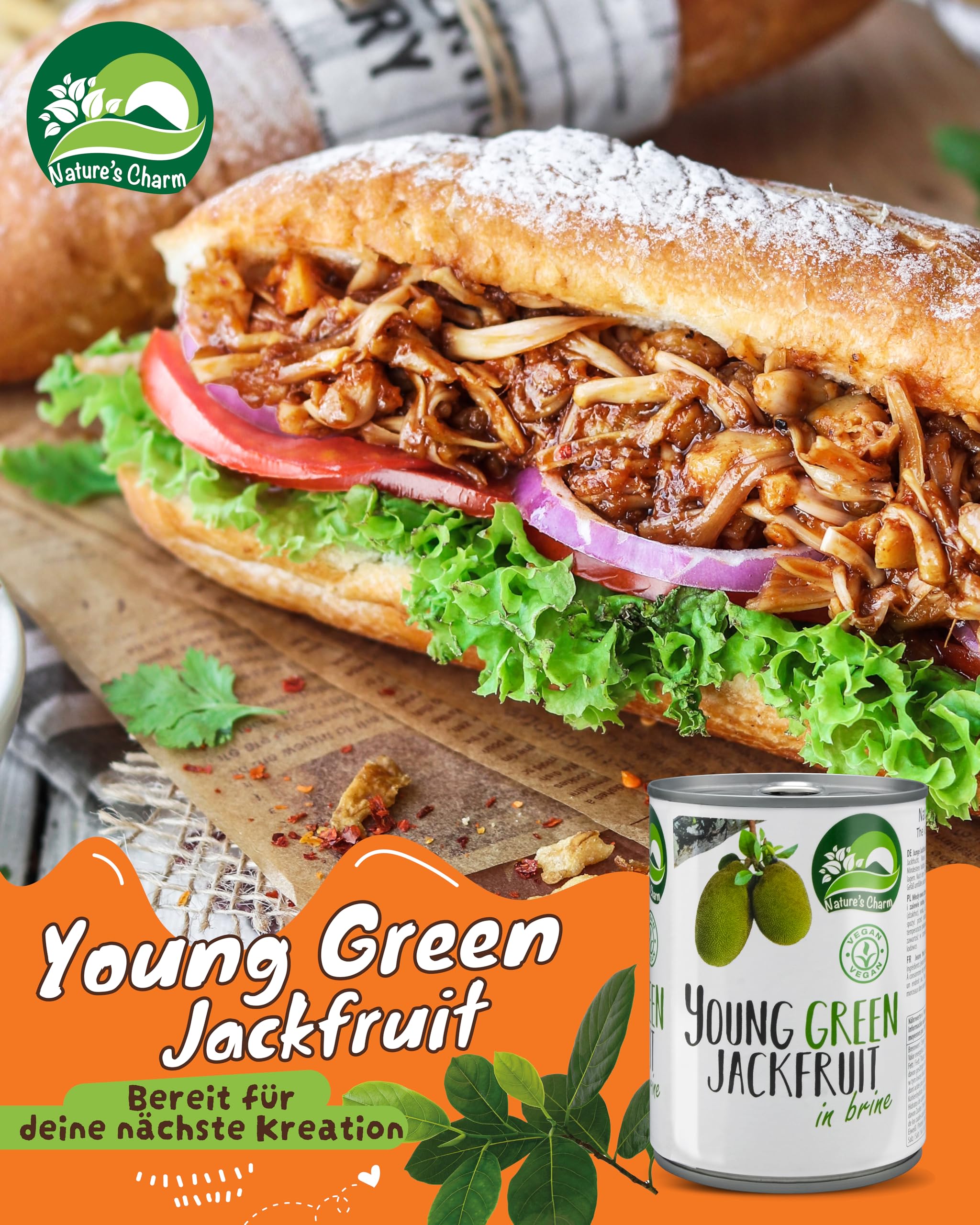 Nature’s Charm Jackfrucht in Lake I Salzig eingelegte, junge grüne Jackfruit I Ideal als pflanzlicher Fleischersatz für vegane Bowls, Sandwiches und Pfannengerichte I 1 x 2900 g